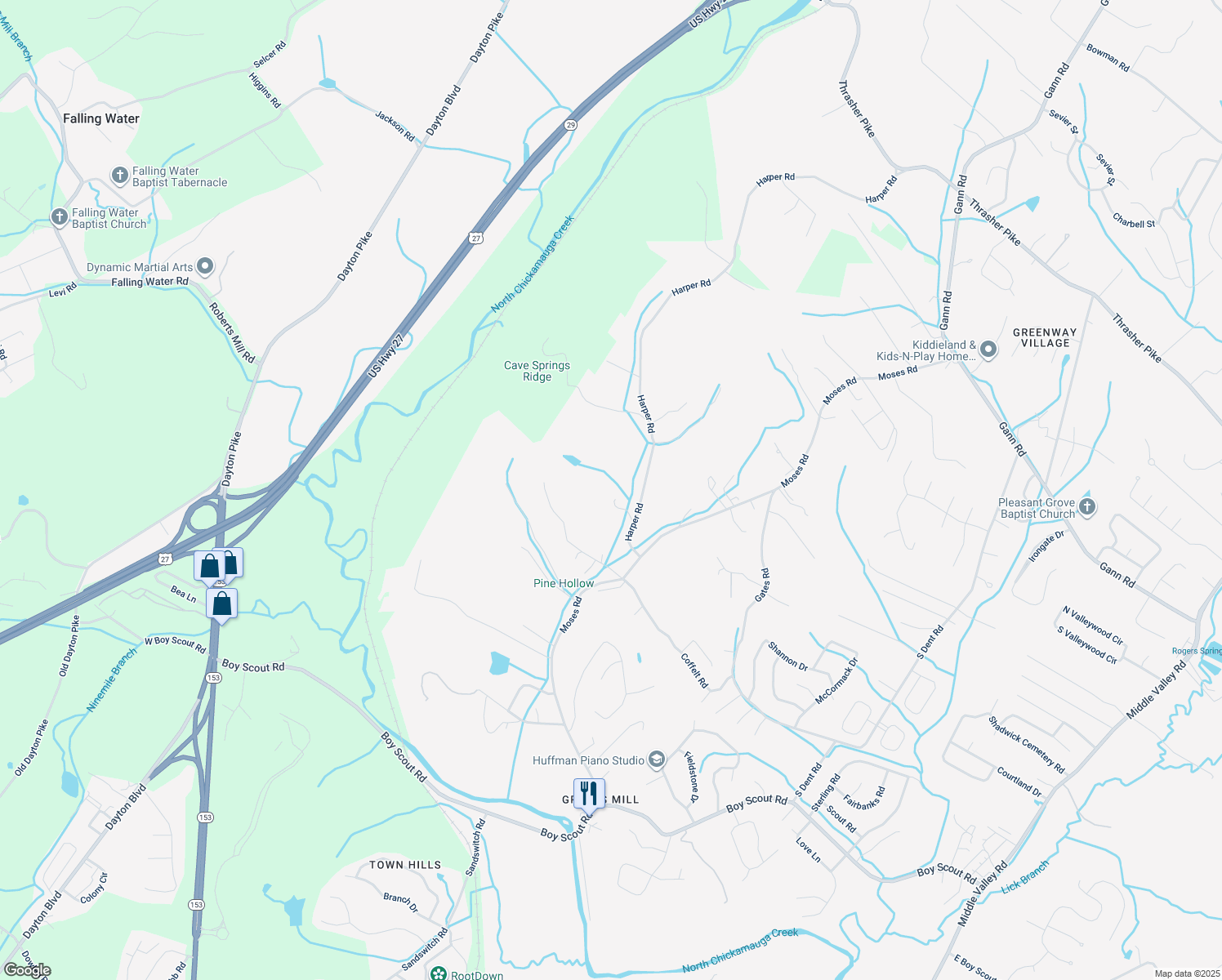 map of restaurants, bars, coffee shops, grocery stores, and more near 7425 Harper Road in Middle Valley