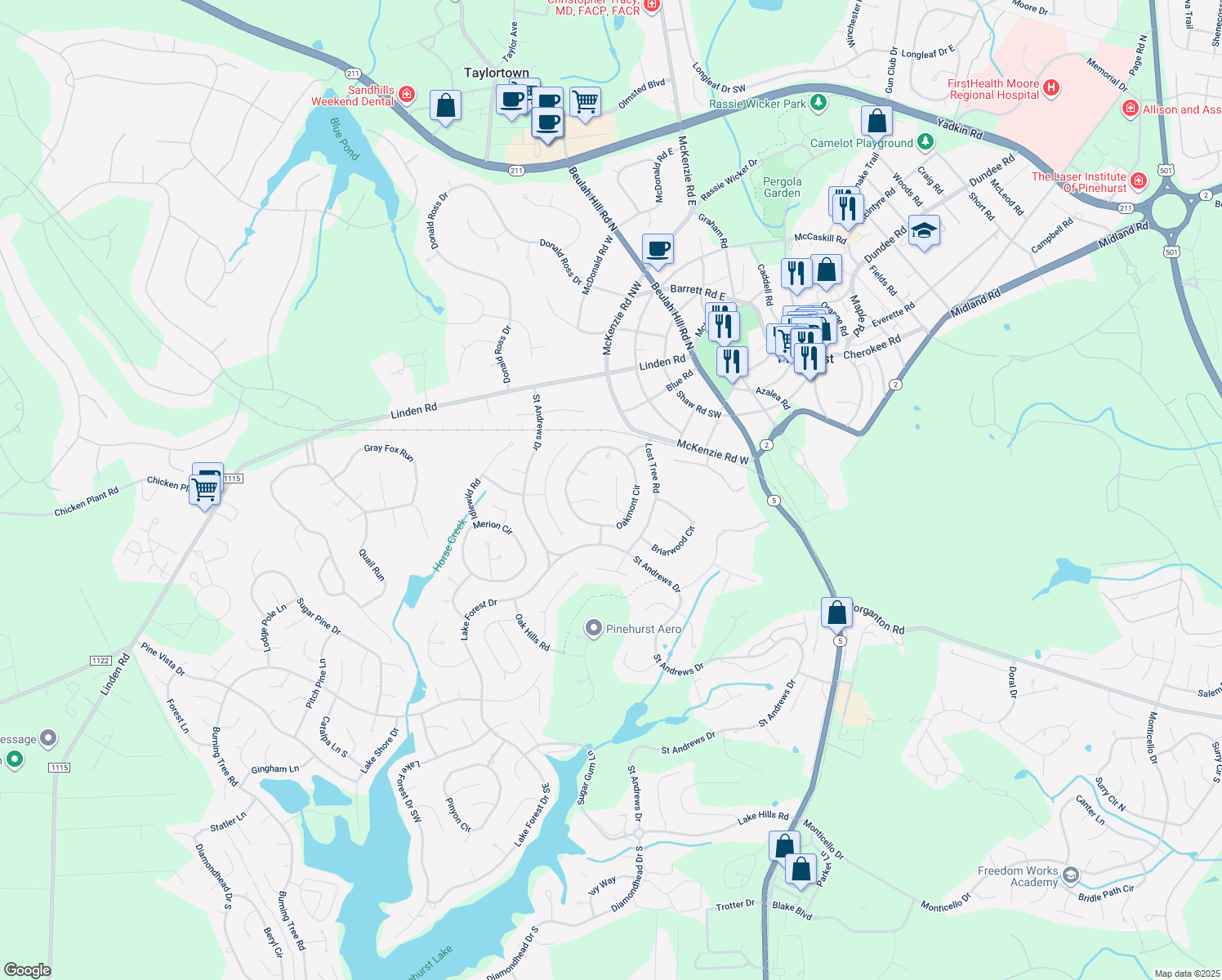 map of restaurants, bars, coffee shops, grocery stores, and more near 9 Lacosta Lane in Pinehurst