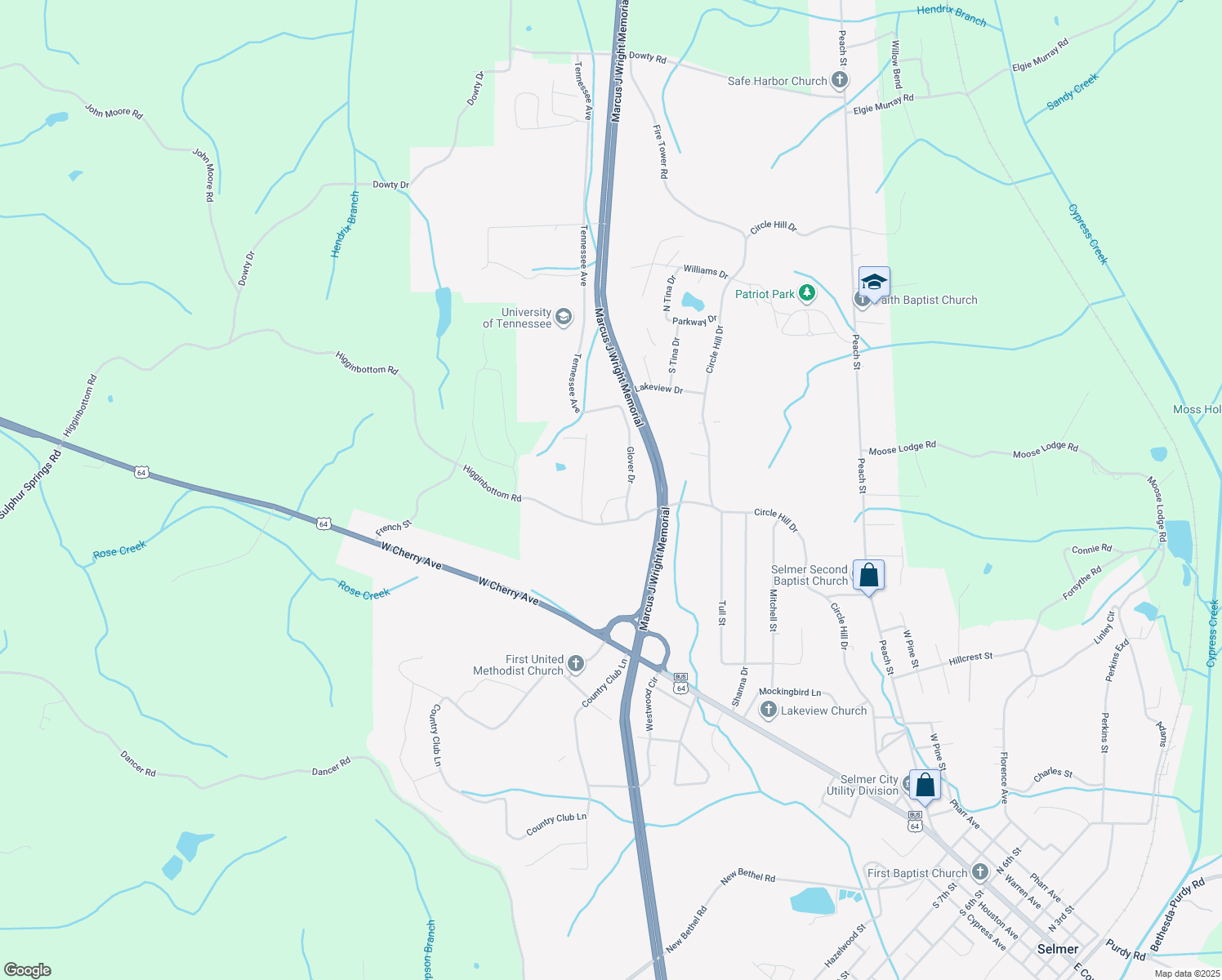 map of restaurants, bars, coffee shops, grocery stores, and more near 92 Glover Drive in Selmer