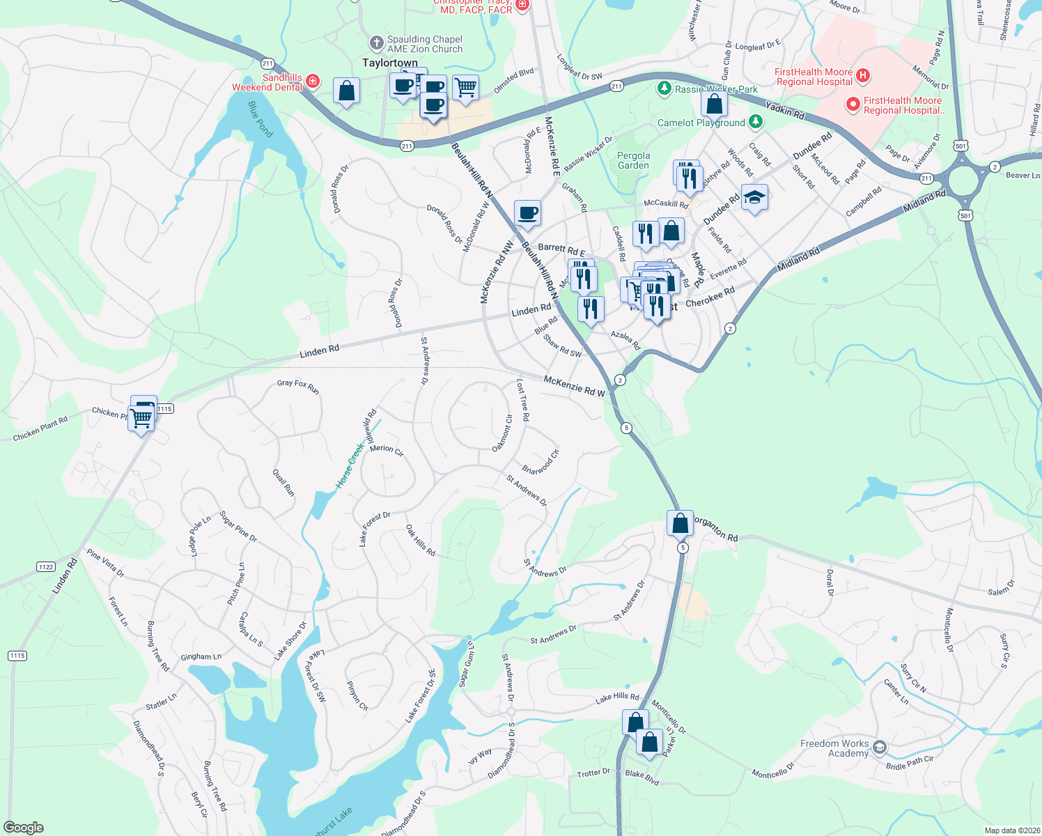 map of restaurants, bars, coffee shops, grocery stores, and more near 75 Lost Tree Road in Pinehurst