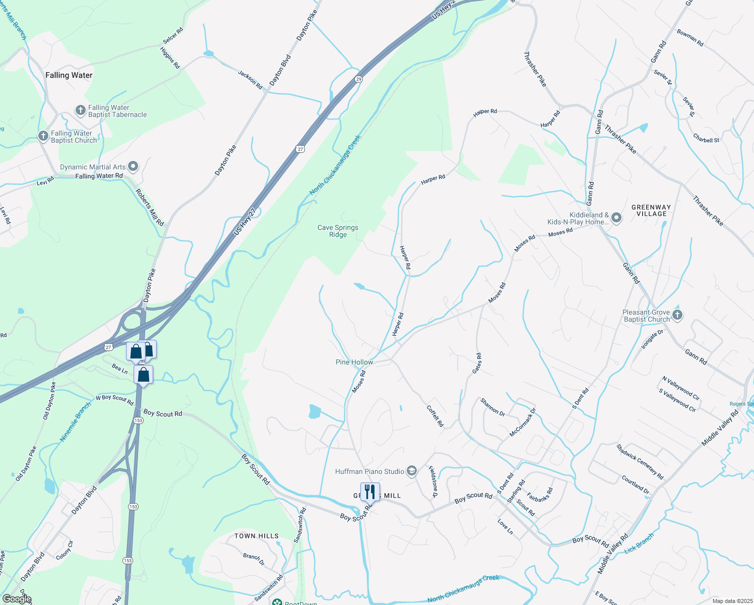map of restaurants, bars, coffee shops, grocery stores, and more near 7425 Harper Road in Middle Valley