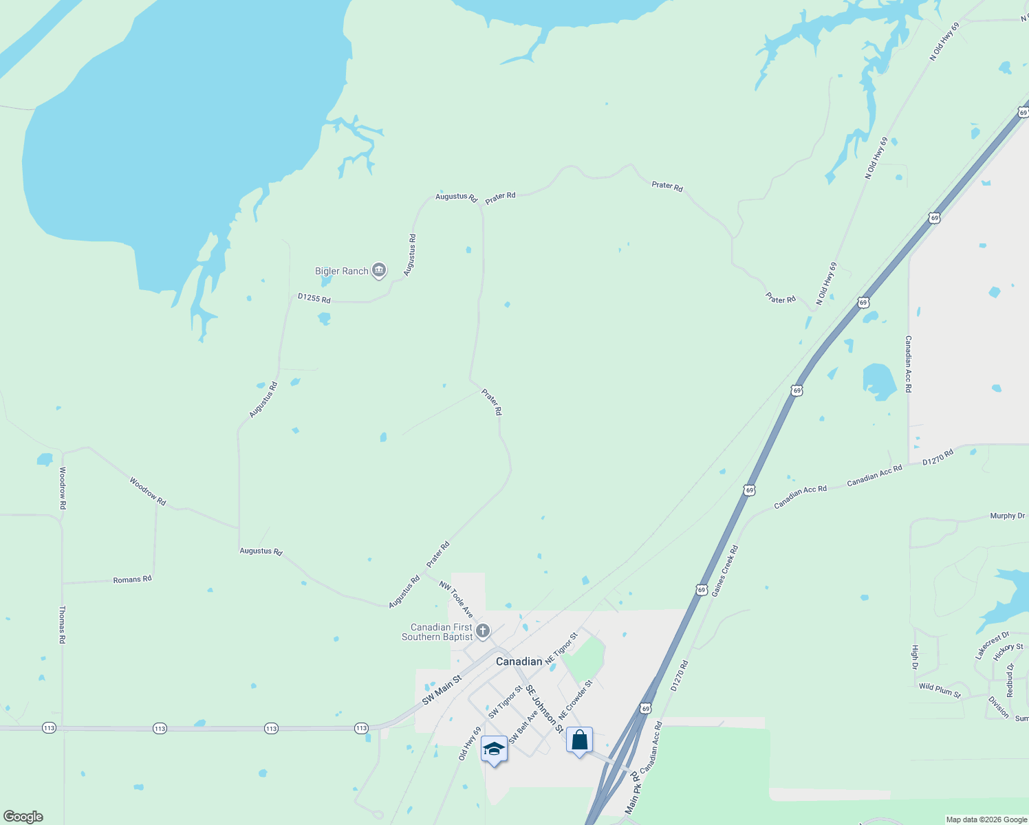 map of restaurants, bars, coffee shops, grocery stores, and more near 648 D4135 Road in Canadian