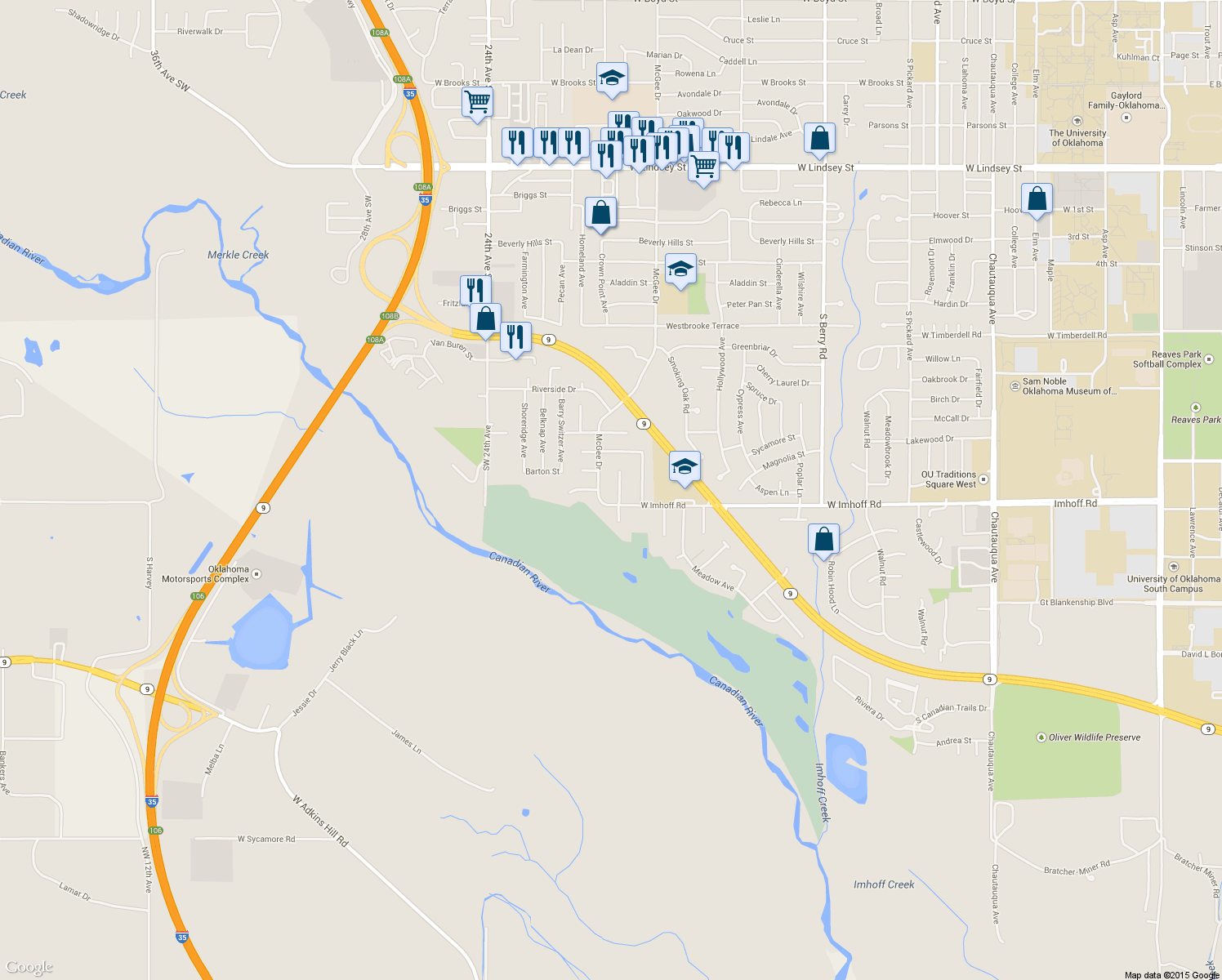 map of restaurants, bars, coffee shops, grocery stores, and more near 3000 Marigold Trail in Norman