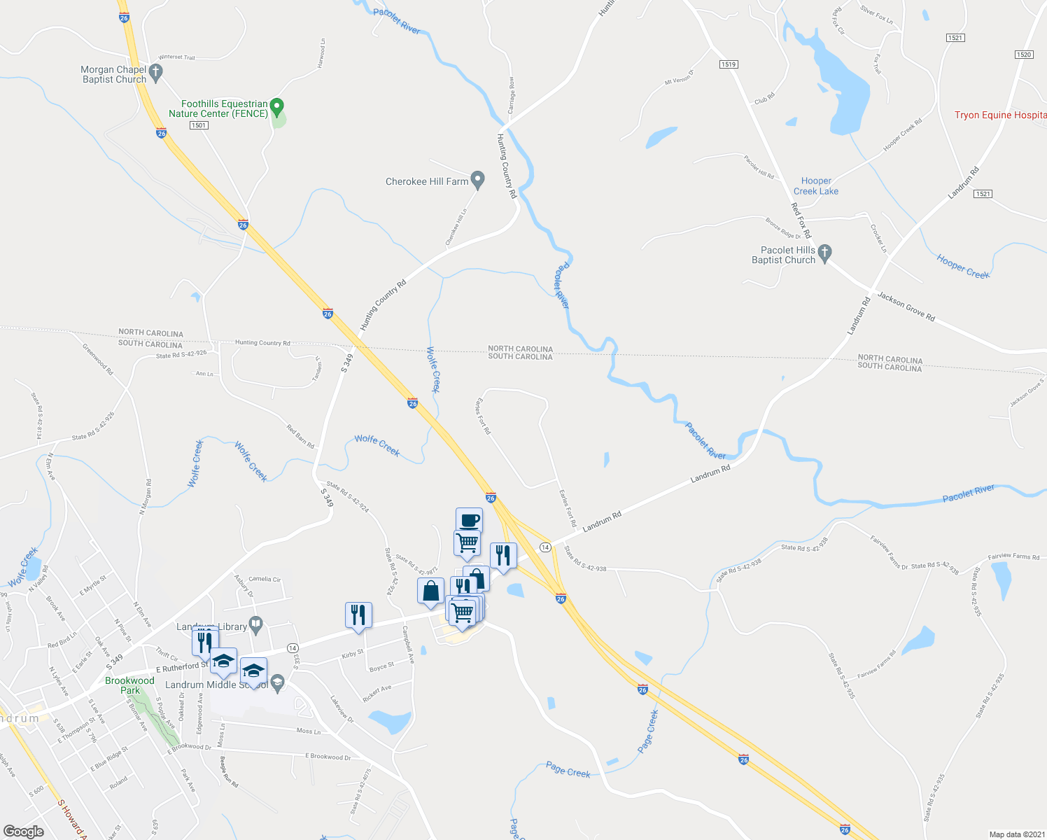 map of restaurants, bars, coffee shops, grocery stores, and more near 195 Earles Fort Rd in Landrum