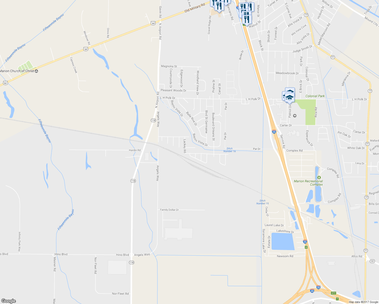 map of restaurants, bars, coffee shops, grocery stores, and more near 933 Lackey Road in Marion