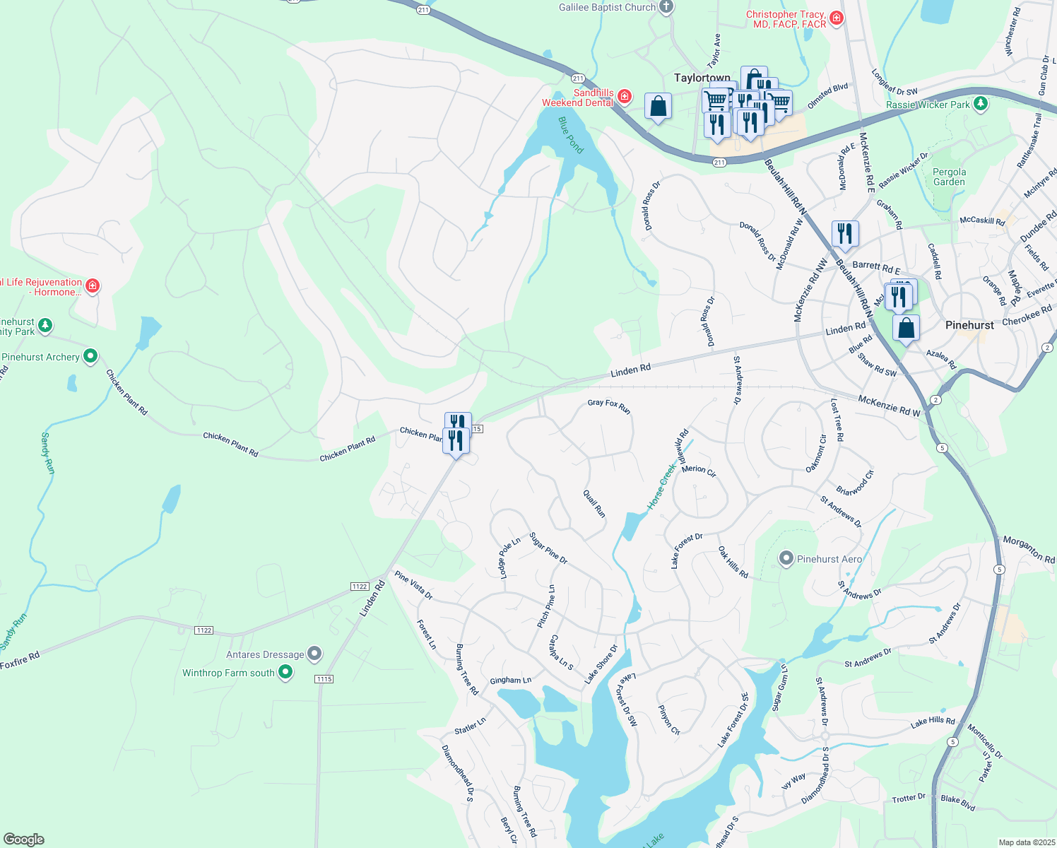 map of restaurants, bars, coffee shops, grocery stores, and more near 35 Quail Run in Pinehurst