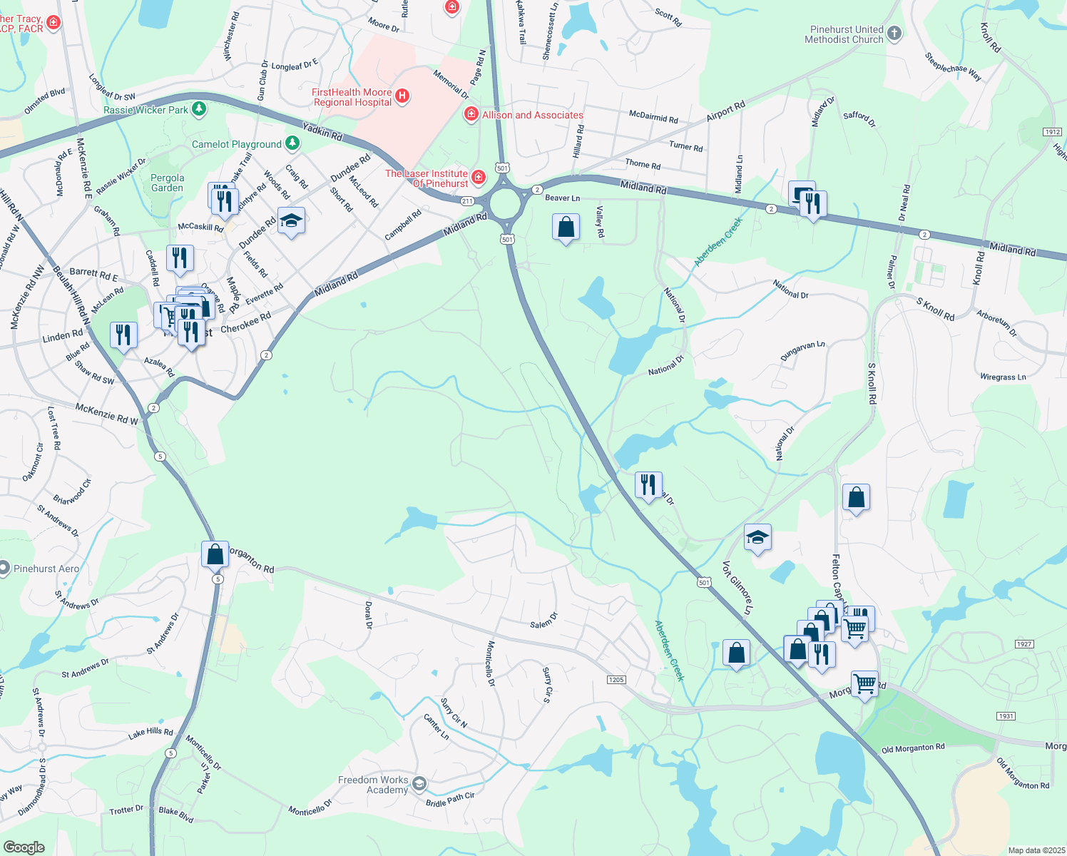 map of restaurants, bars, coffee shops, grocery stores, and more near 185 Hearthstone Road in Pinehurst