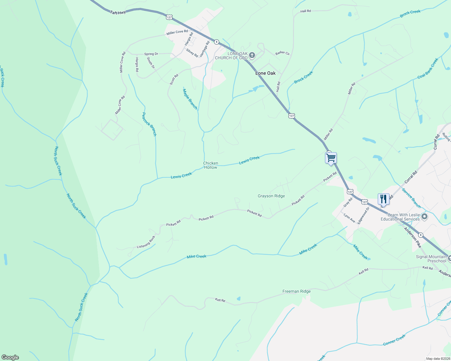 map of restaurants, bars, coffee shops, grocery stores, and more near 946 Pickett Road in Signal Mountain