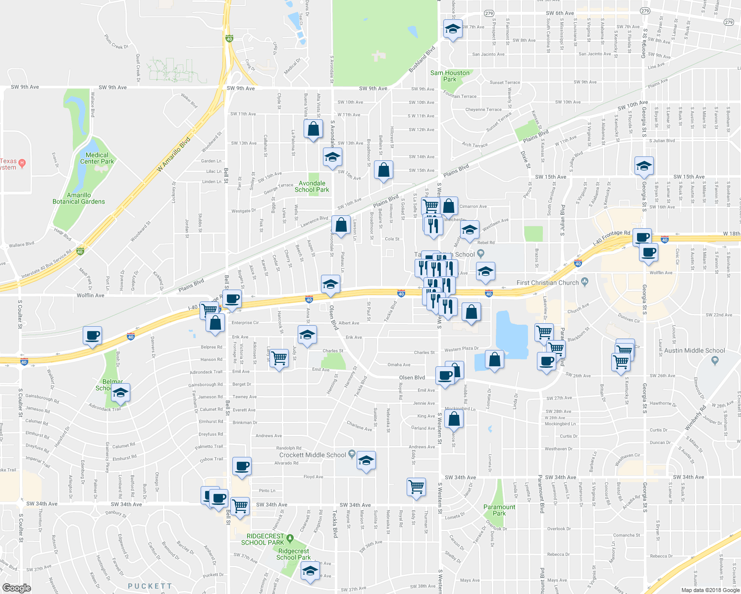 map of restaurants, bars, coffee shops, grocery stores, and more near 4799 Interstate 40 Frontage Road in Amarillo