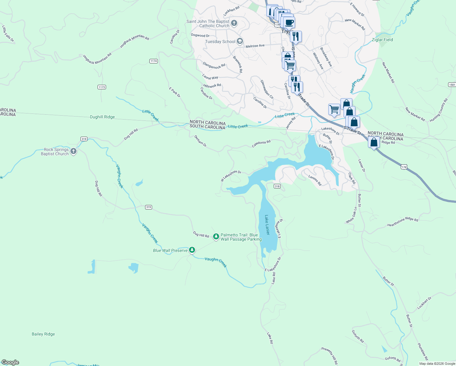 map of restaurants, bars, coffee shops, grocery stores, and more near 502 Caledonia Road in Landrum