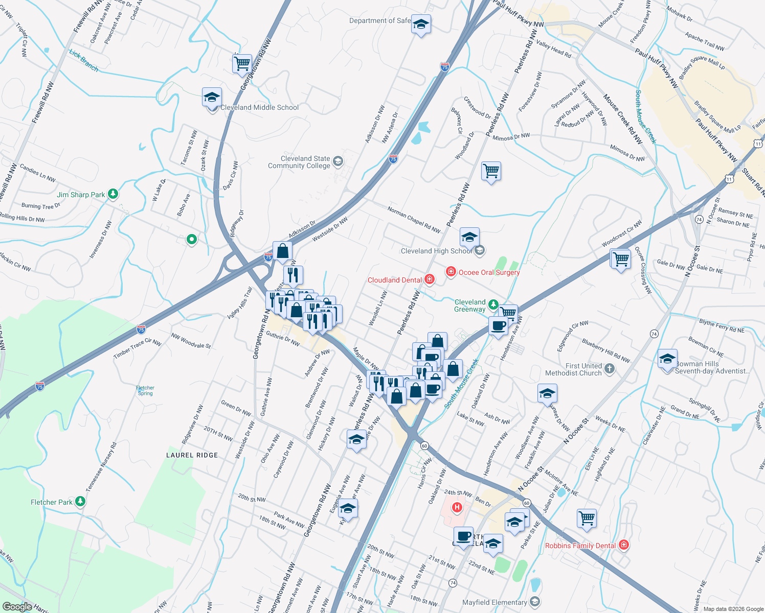 map of restaurants, bars, coffee shops, grocery stores, and more near 2908 Wesdell Lane Northwest in Cleveland