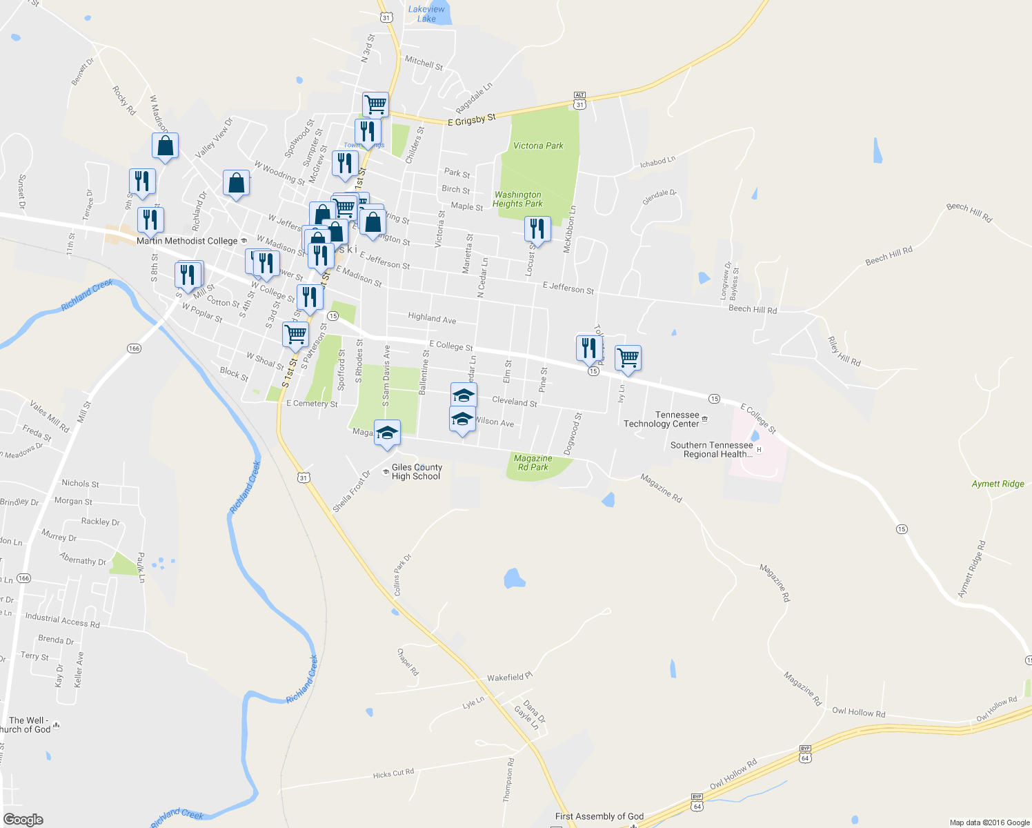 map of restaurants, bars, coffee shops, grocery stores, and more near 516 South Ingram Street in Pulaski