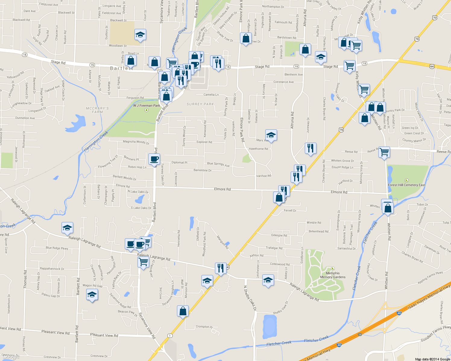 map of restaurants, bars, coffee shops, grocery stores, and more near 6120 Elmore Road in Bartlett