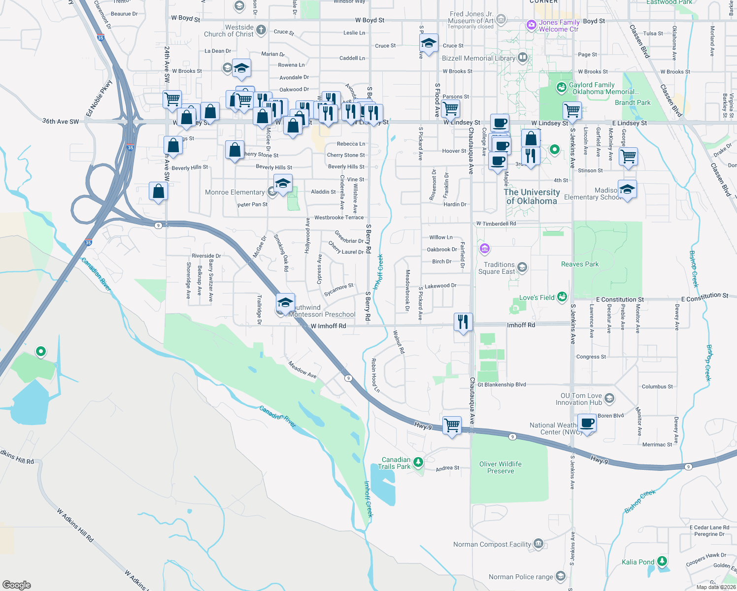 map of restaurants, bars, coffee shops, grocery stores, and more near 2702 S Berry Rd in Norman