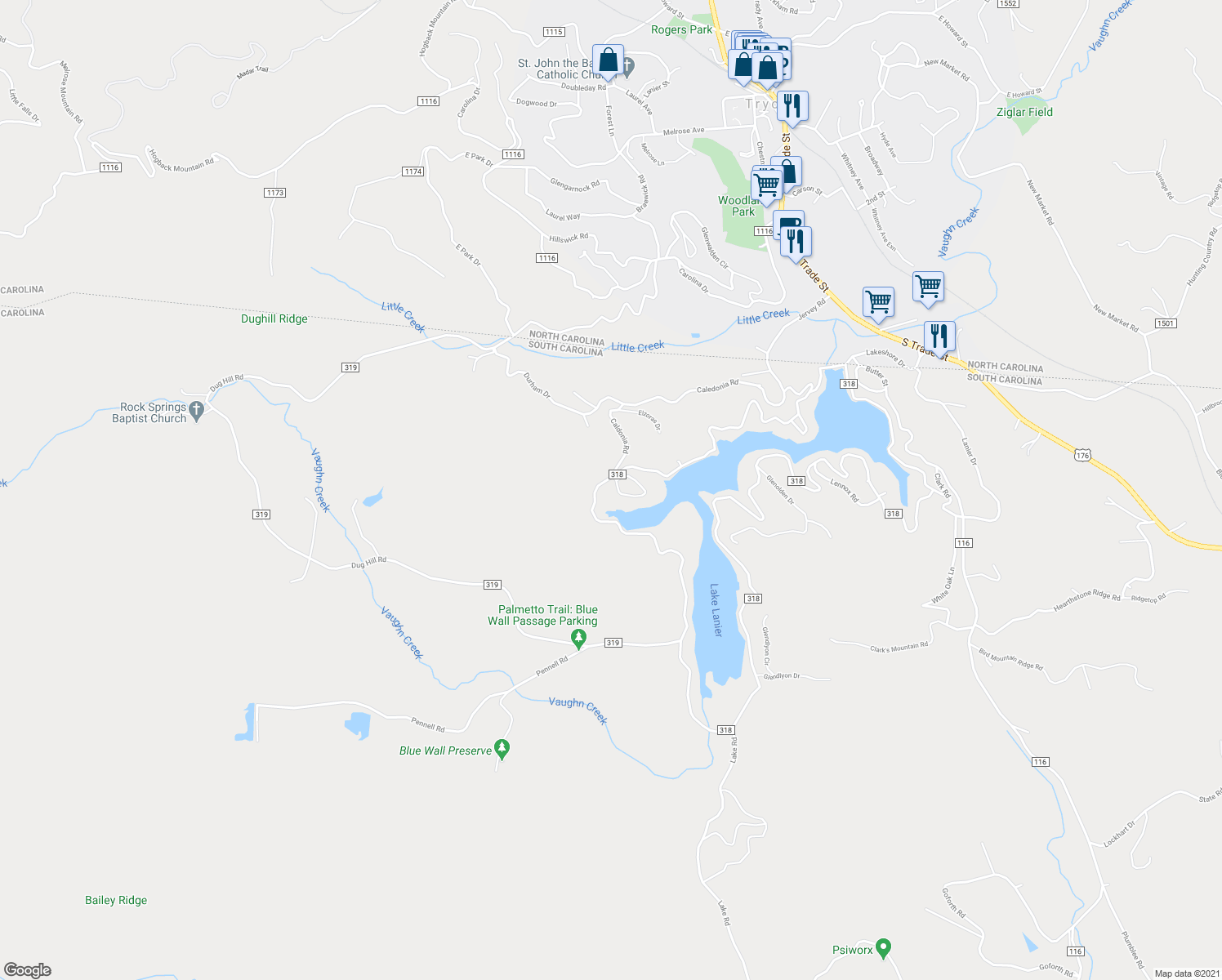 map of restaurants, bars, coffee shops, grocery stores, and more near 502 Caledonia Road in Landrum
