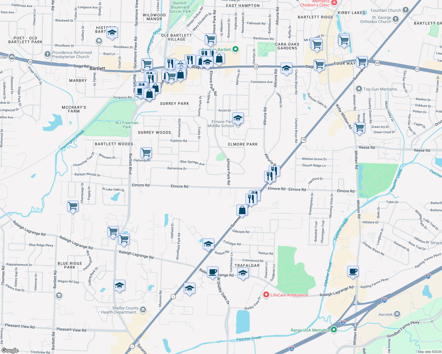 map of restaurants, bars, coffee shops, grocery stores, and more near 6237 Ivanhoe Road in Bartlett
