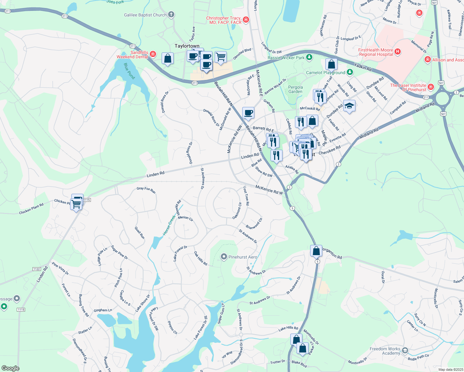 map of restaurants, bars, coffee shops, grocery stores, and more near 370 Oakmont Circle in Pinehurst