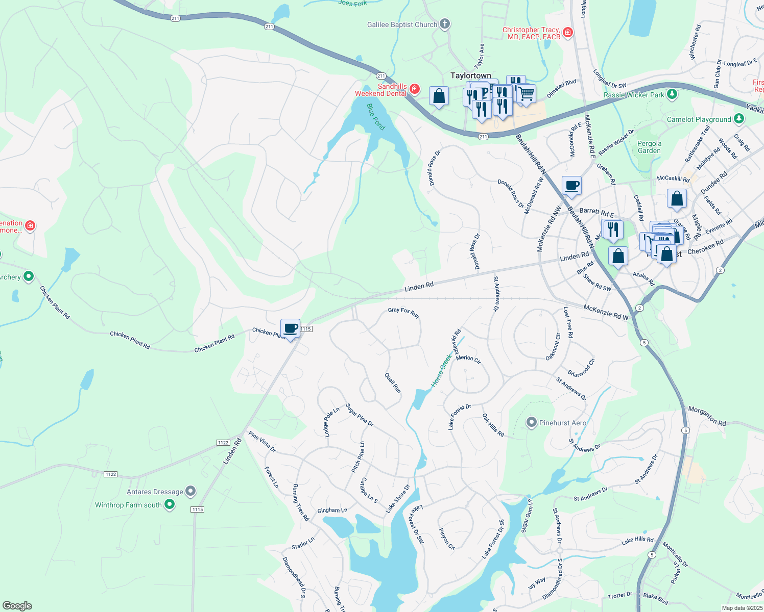 map of restaurants, bars, coffee shops, grocery stores, and more near 35 Gray Fox Run in Pinehurst
