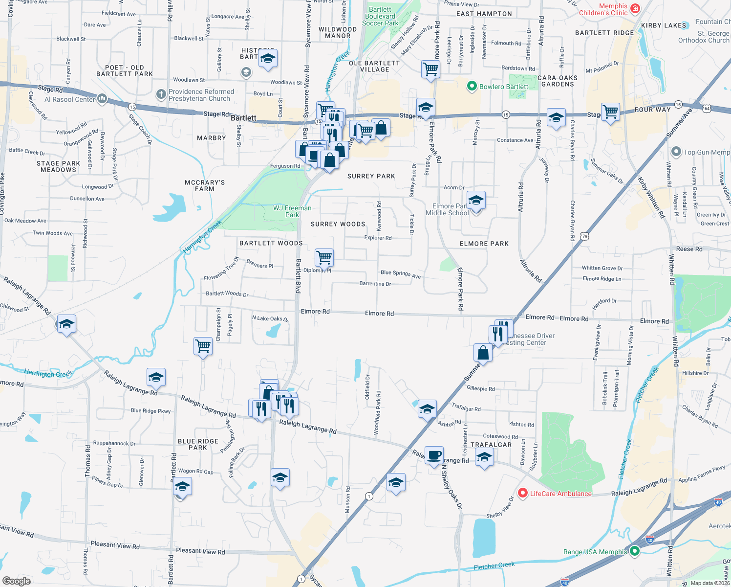 map of restaurants, bars, coffee shops, grocery stores, and more near 2437 Kenwood Lane in Memphis