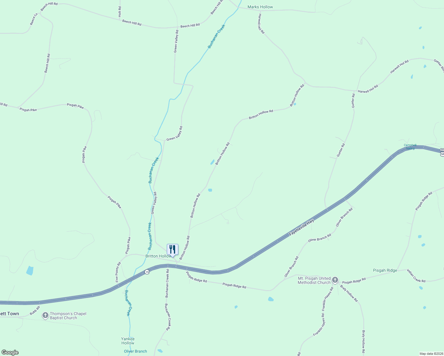 map of restaurants, bars, coffee shops, grocery stores, and more near 410 Britton Hollow Road in Pulaski