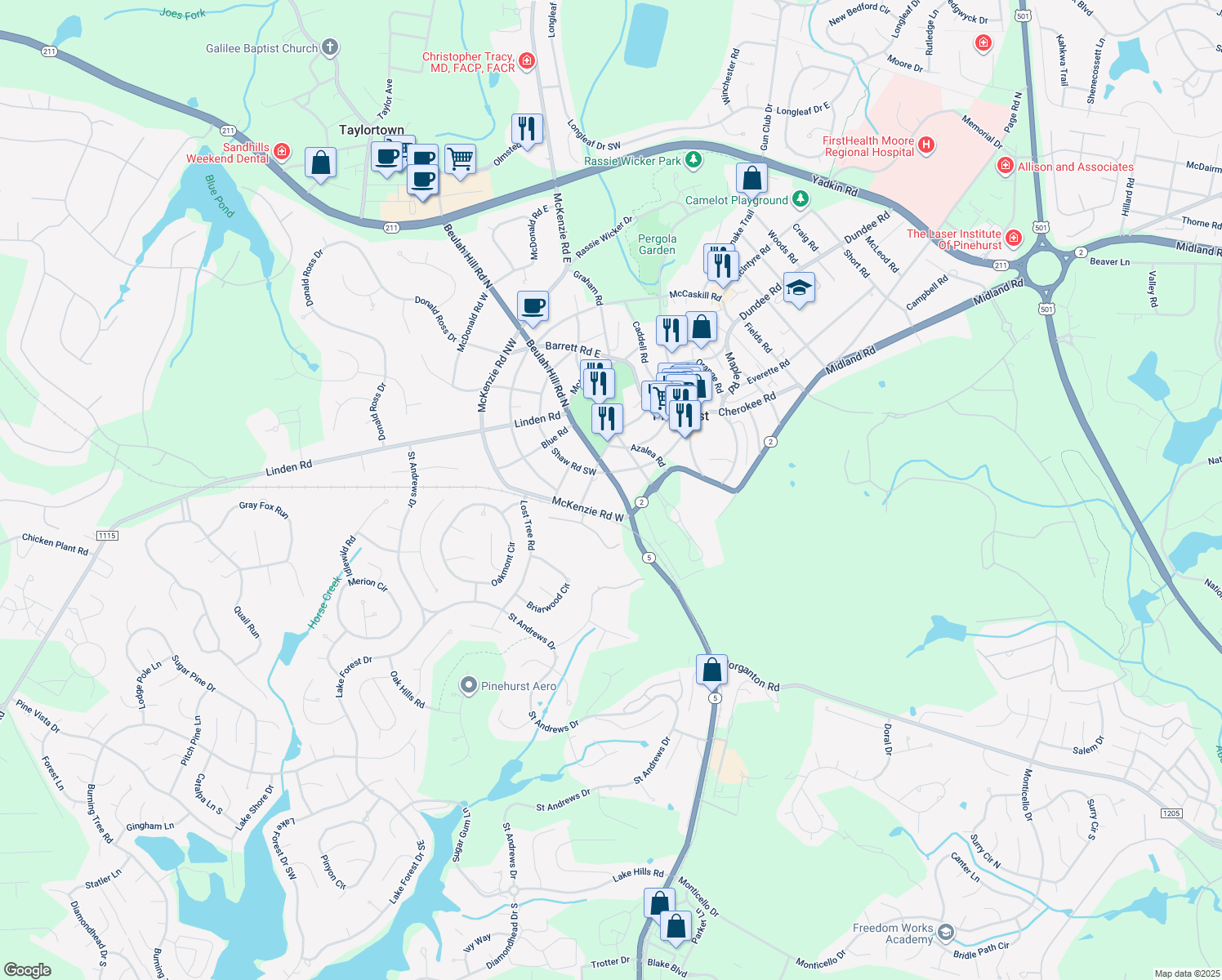 map of restaurants, bars, coffee shops, grocery stores, and more near 55 Beulah Hill Road North in Pinehurst