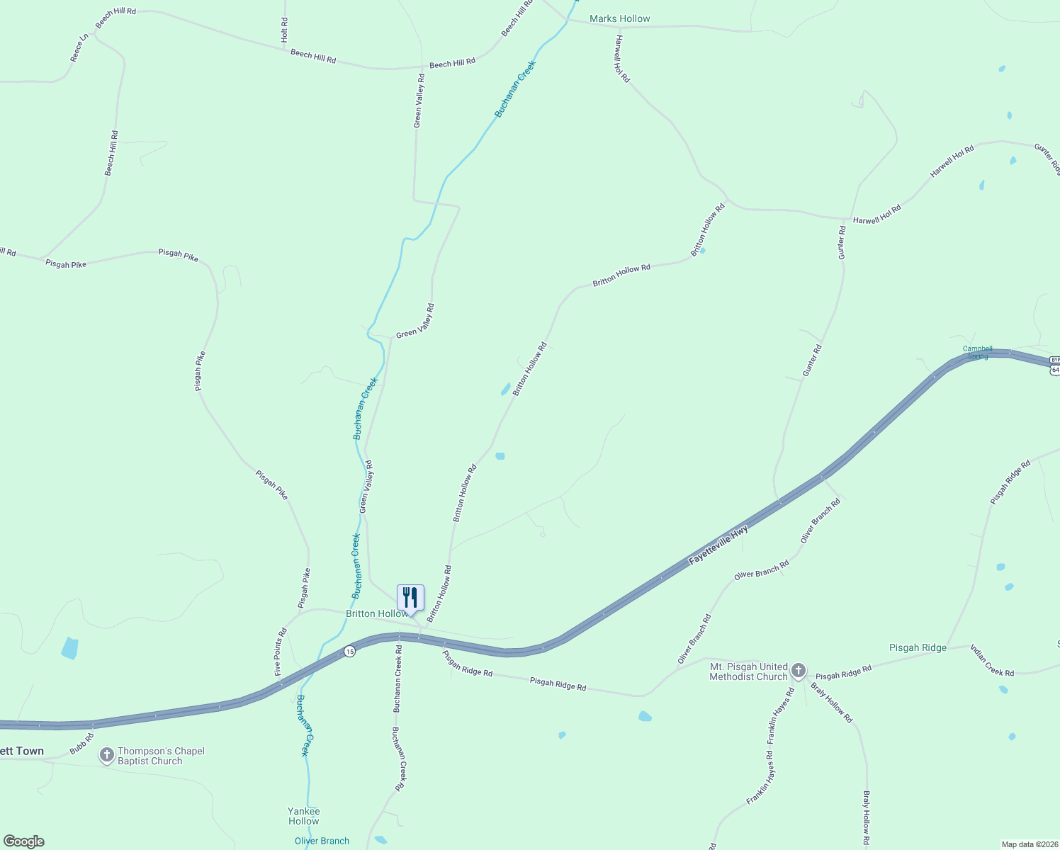 map of restaurants, bars, coffee shops, grocery stores, and more near 410 Britton Hollow Road in Pulaski