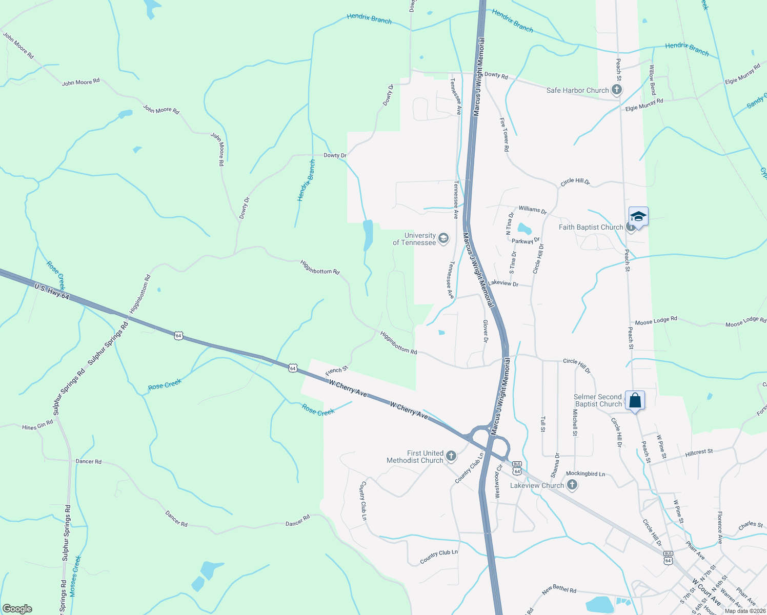 map of restaurants, bars, coffee shops, grocery stores, and more near 589 Clayhill Drive in Selmer