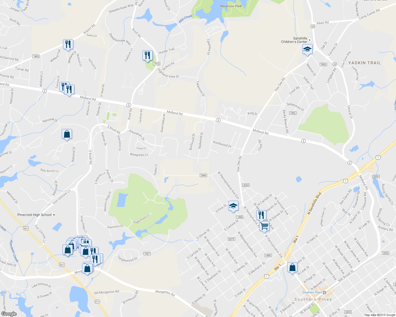map of restaurants, bars, coffee shops, grocery stores, and more near 721 Burlwood Drive in Southern Pines