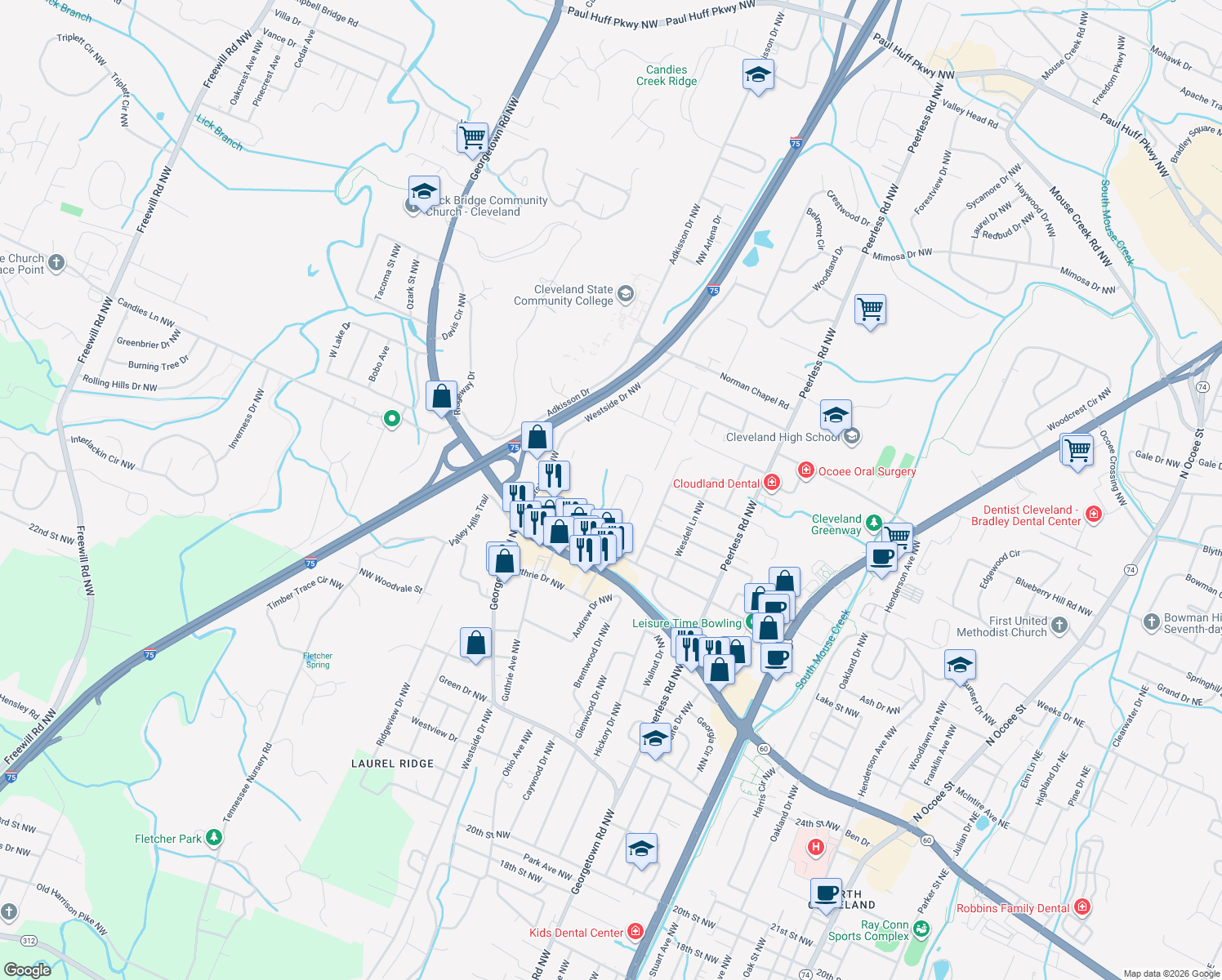 map of restaurants, bars, coffee shops, grocery stores, and more near 3054 Vista Dr NW in Cleveland