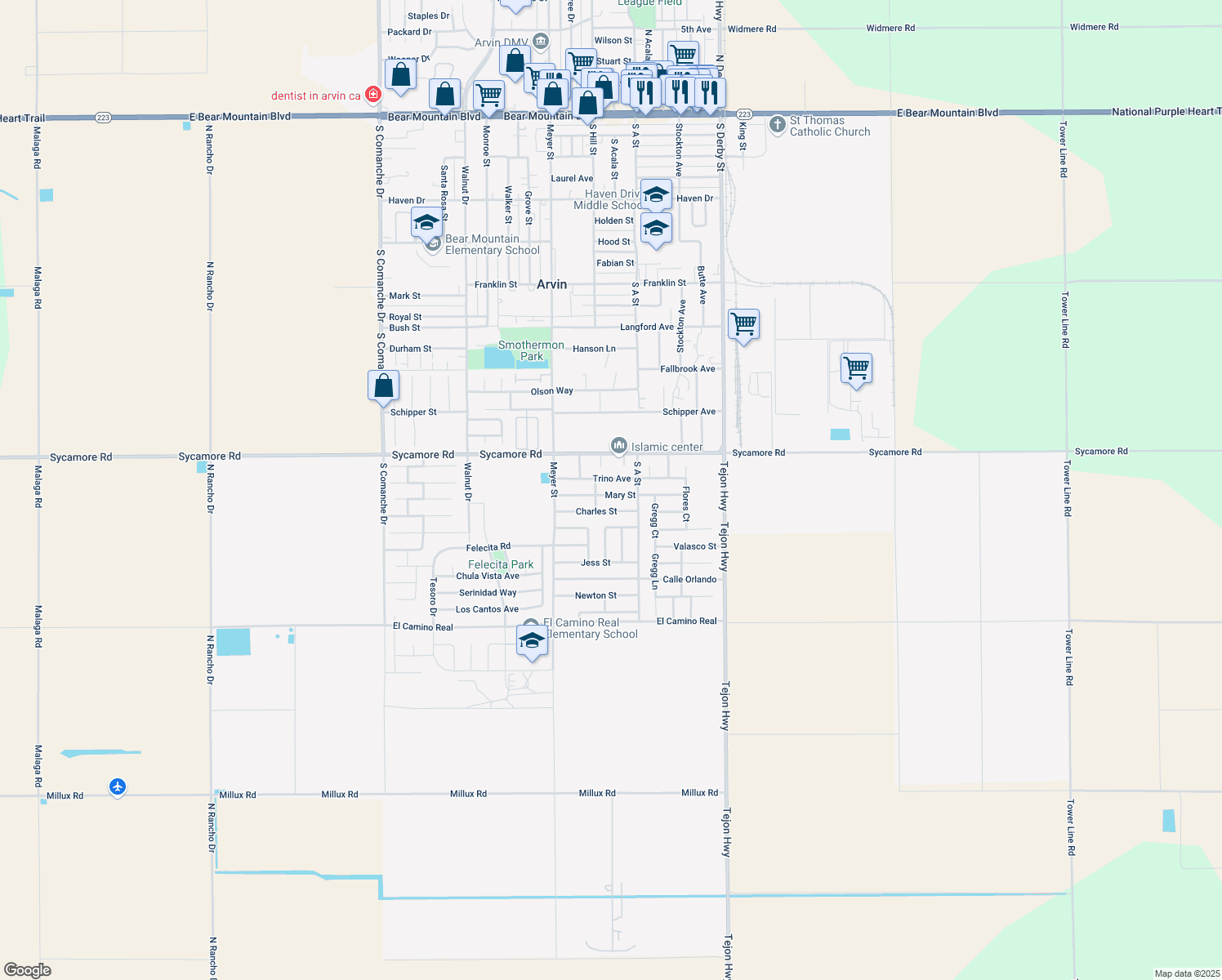map of restaurants, bars, coffee shops, grocery stores, and more near 604 Mary St in Arvin