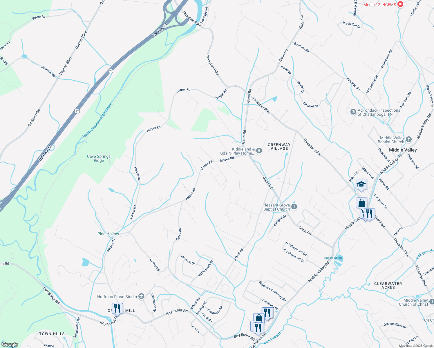 map of restaurants, bars, coffee shops, grocery stores, and more near 7705 Dune Lane in Middle Valley