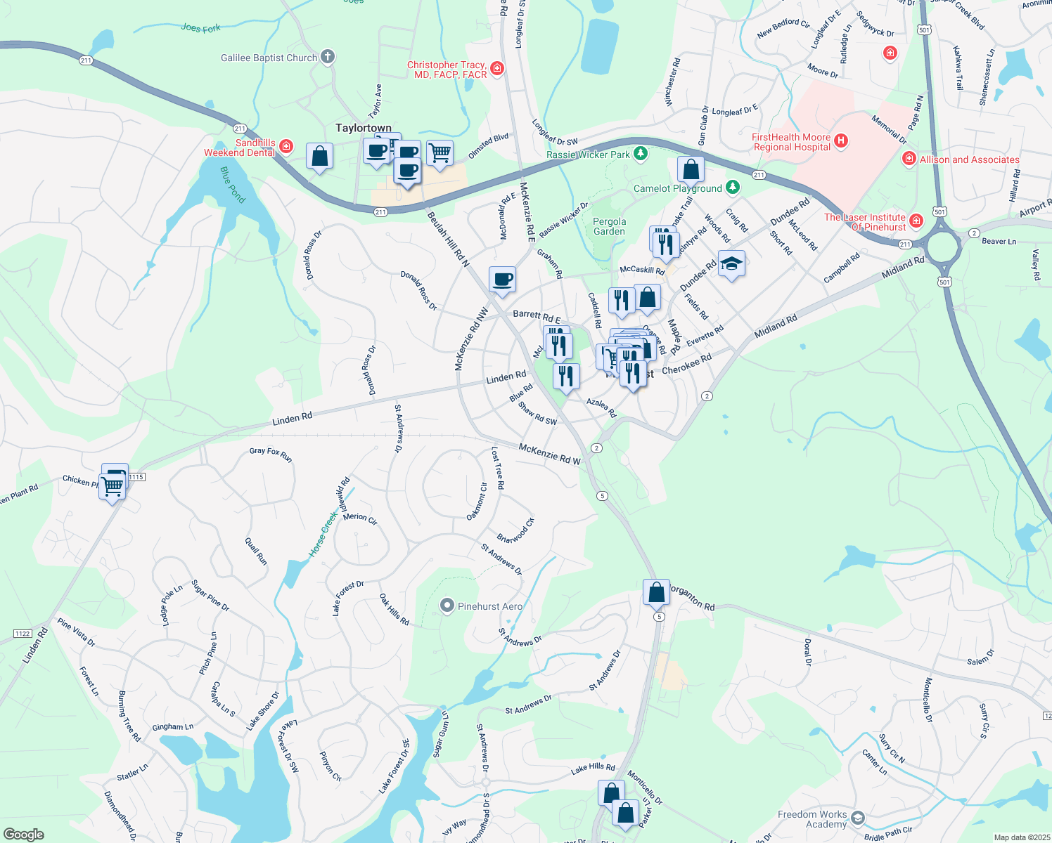 map of restaurants, bars, coffee shops, grocery stores, and more near 45 Ferguson Road in Pinehurst