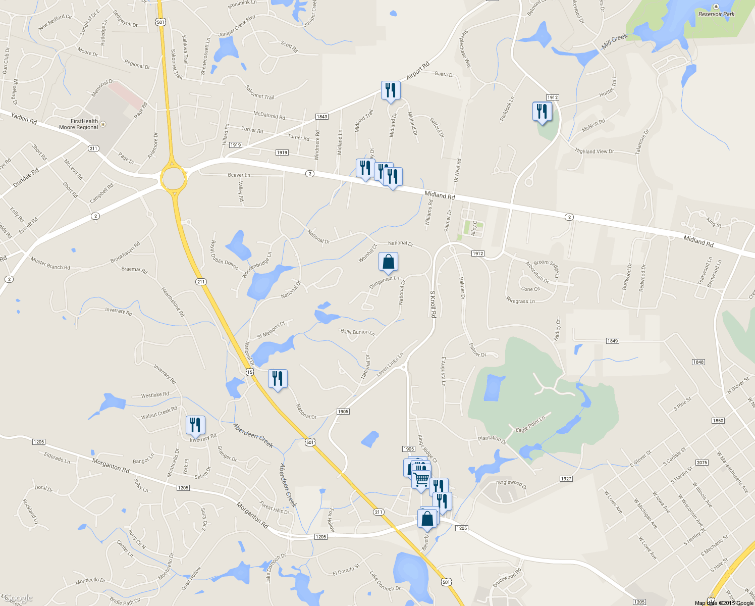 map of restaurants, bars, coffee shops, grocery stores, and more near 72 Dungarvan Lane in Pinehurst