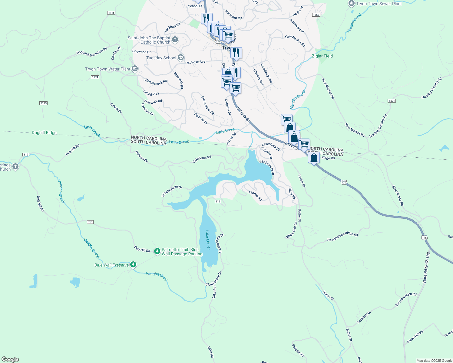 map of restaurants, bars, coffee shops, grocery stores, and more near 1004 East Lakeshore Drive in Landrum