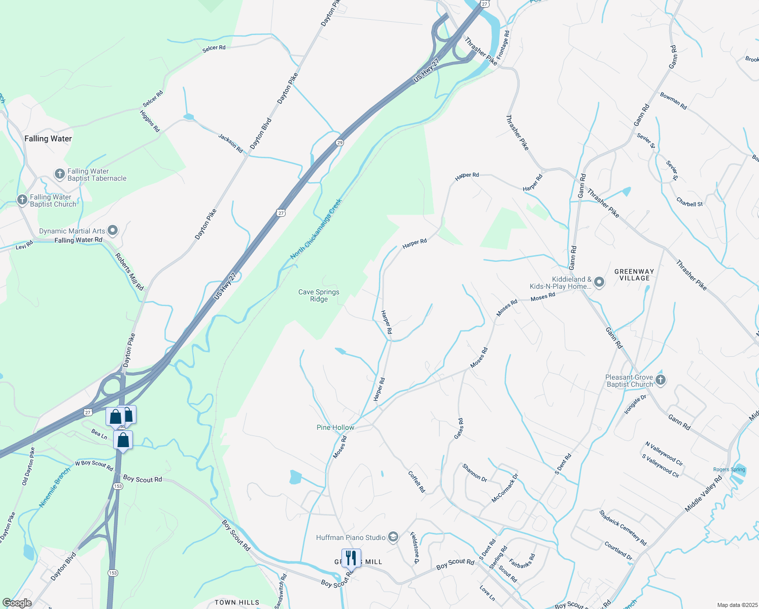 map of restaurants, bars, coffee shops, grocery stores, and more near 7719 Harper Road in Middle Valley