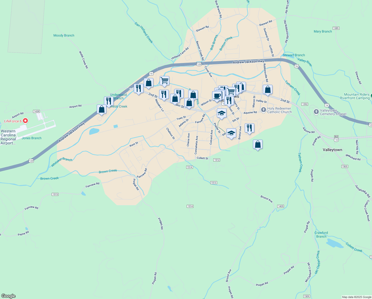 map of restaurants, bars, coffee shops, grocery stores, and more near 237 Tatham Street in Andrews