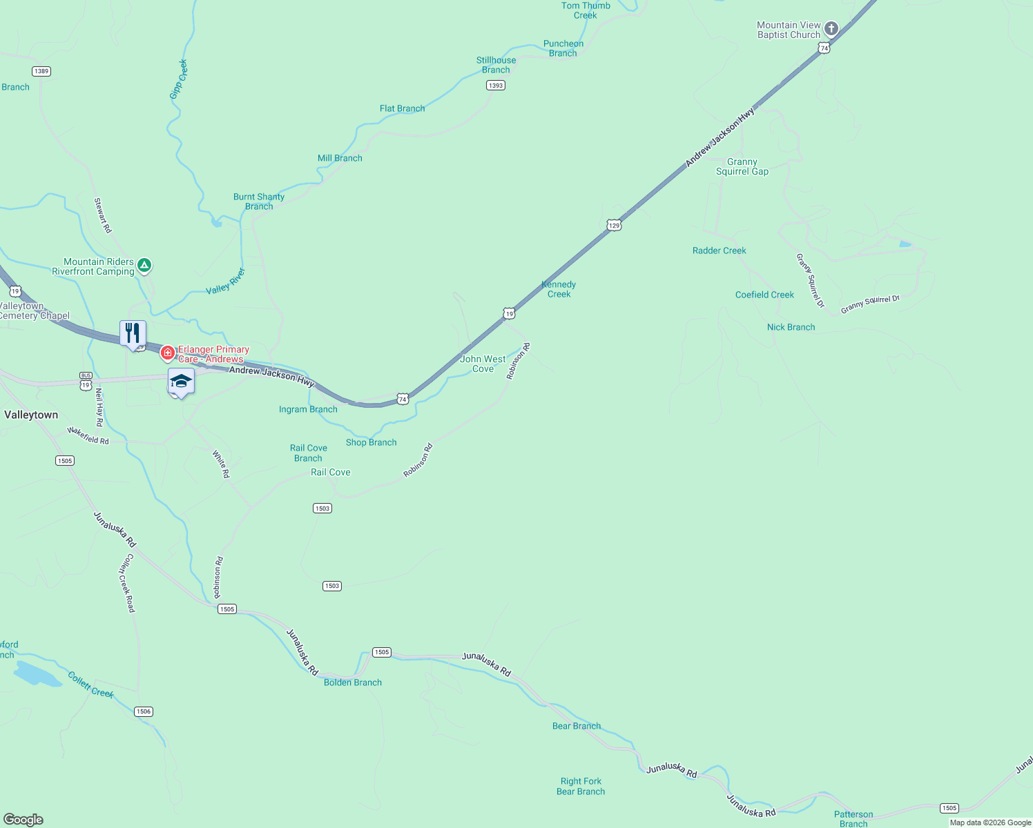 map of restaurants, bars, coffee shops, grocery stores, and more near 317 Robinson Road in Andrews