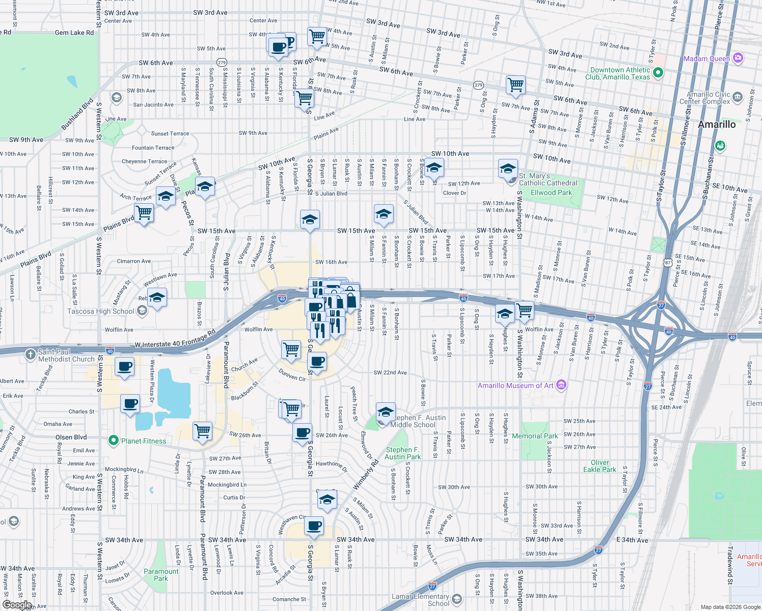 map of restaurants, bars, coffee shops, grocery stores, and more near 1900 S Fannin St in Amarillo