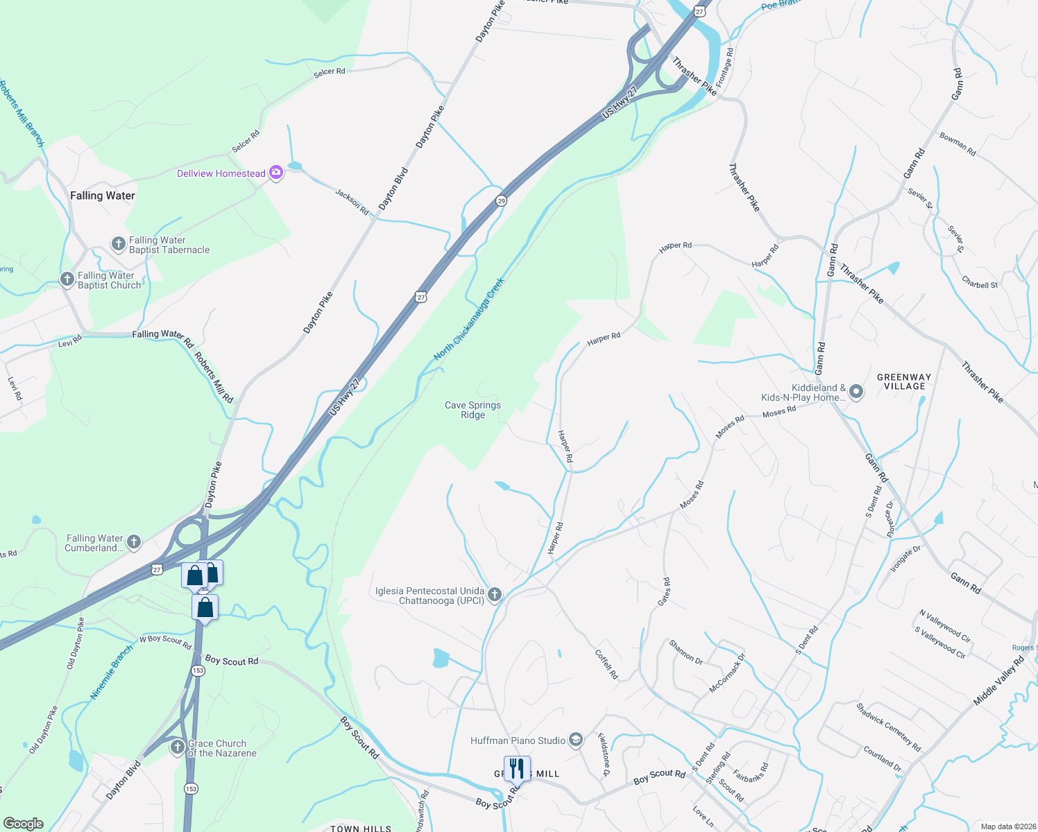 map of restaurants, bars, coffee shops, grocery stores, and more near 1012 Cave Springs Road in Middle Valley