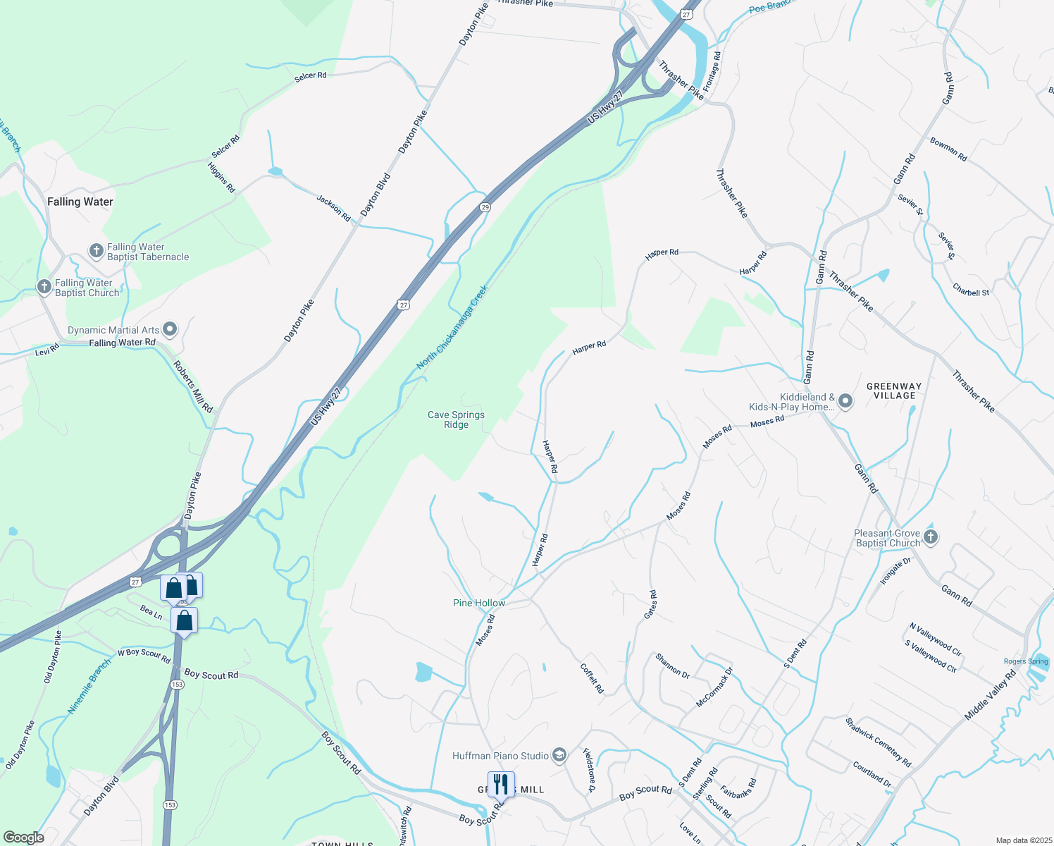 map of restaurants, bars, coffee shops, grocery stores, and more near 554 Cave Springs Road in Chattanooga