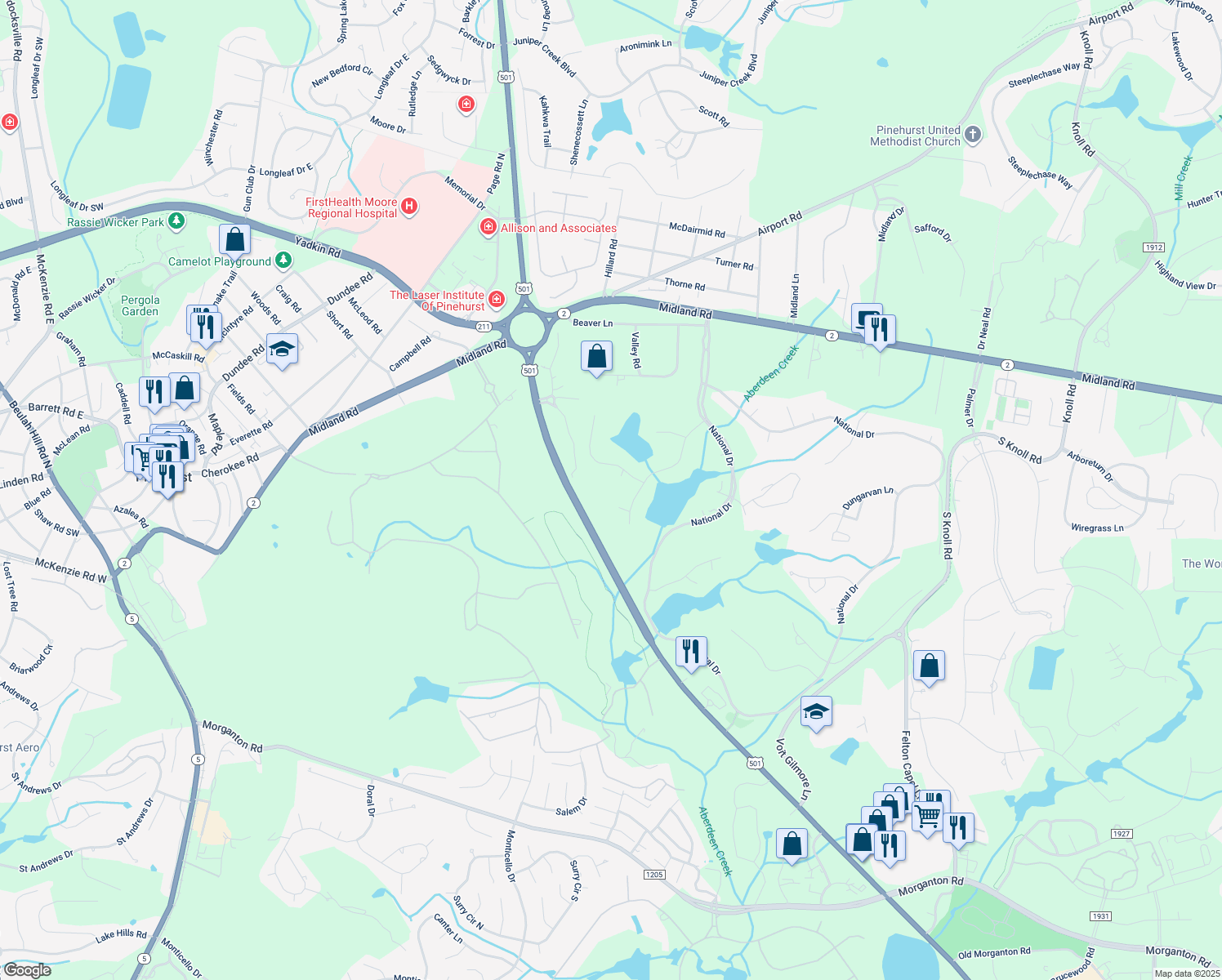 map of restaurants, bars, coffee shops, grocery stores, and more near 30 Prestwick Court in Pinehurst