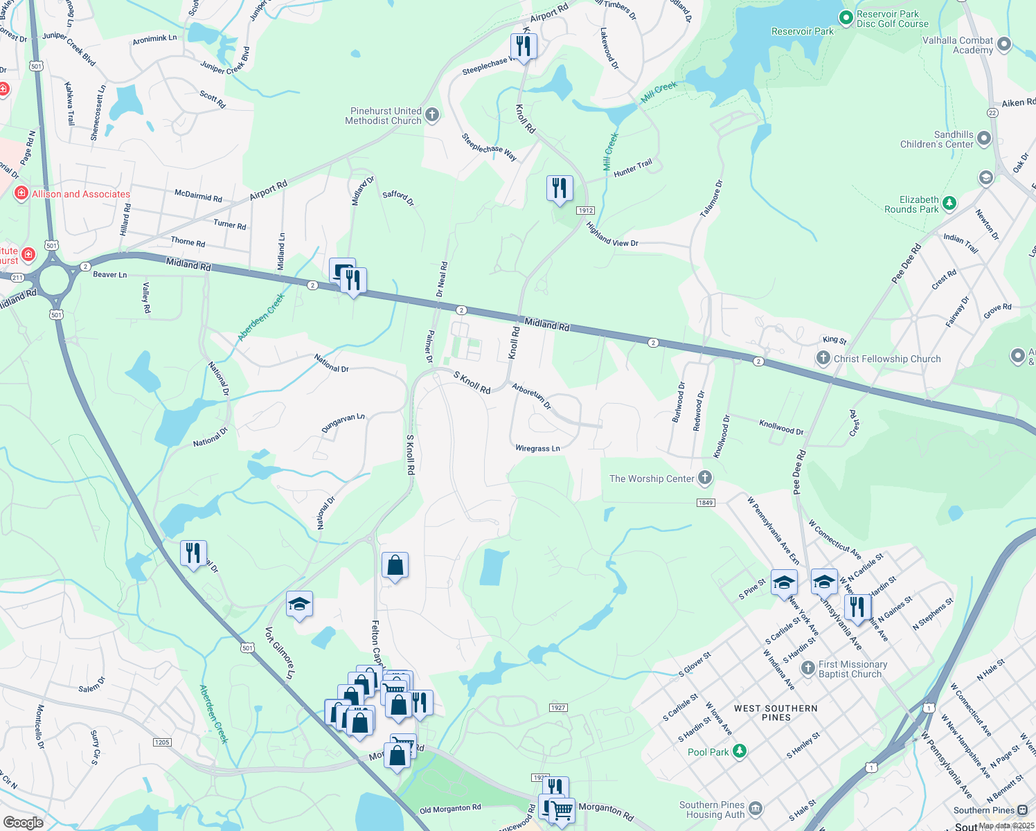 map of restaurants, bars, coffee shops, grocery stores, and more near 145 Wiregrass Lane in Southern Pines