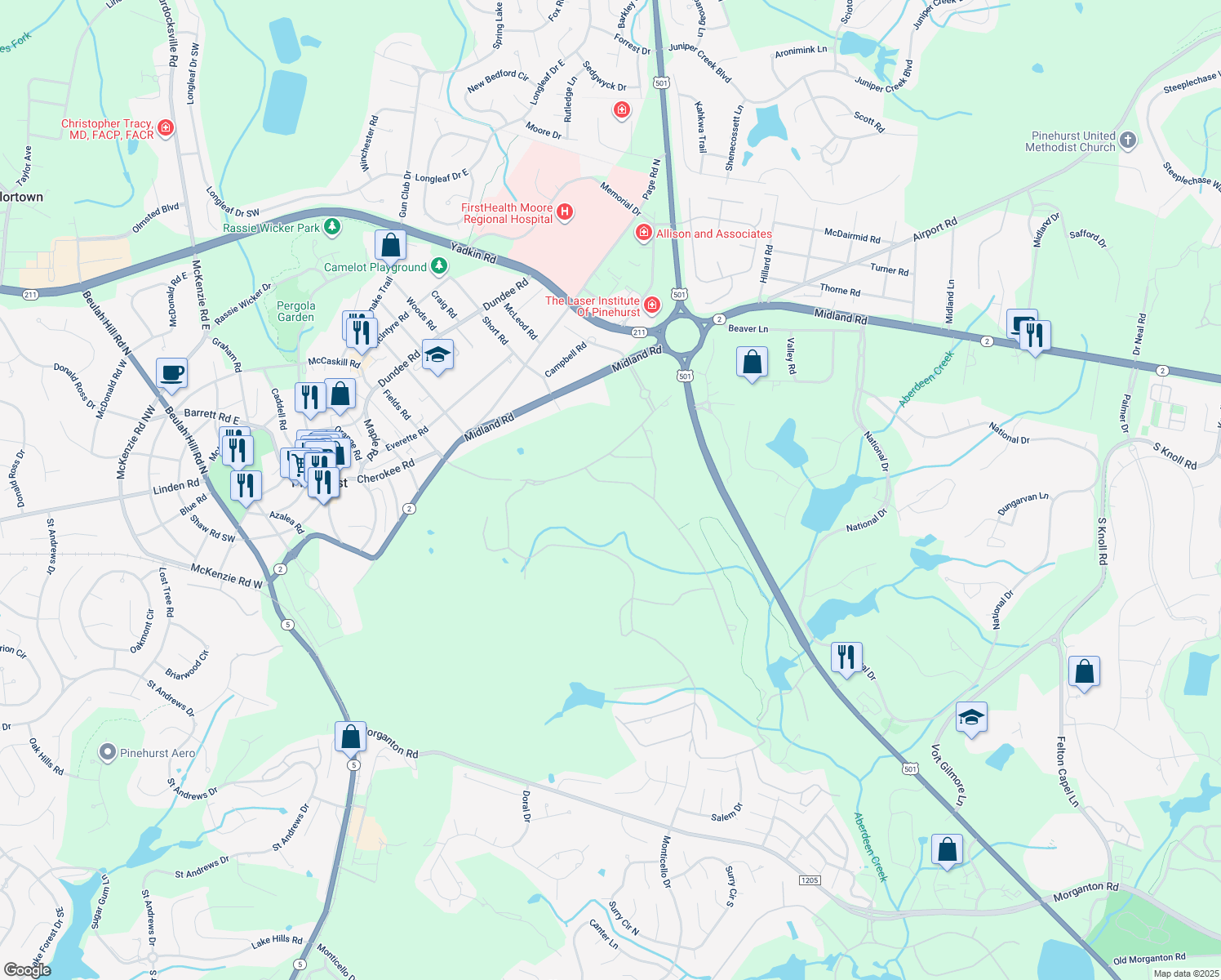 map of restaurants, bars, coffee shops, grocery stores, and more near 50 Braemar Road in Pinehurst