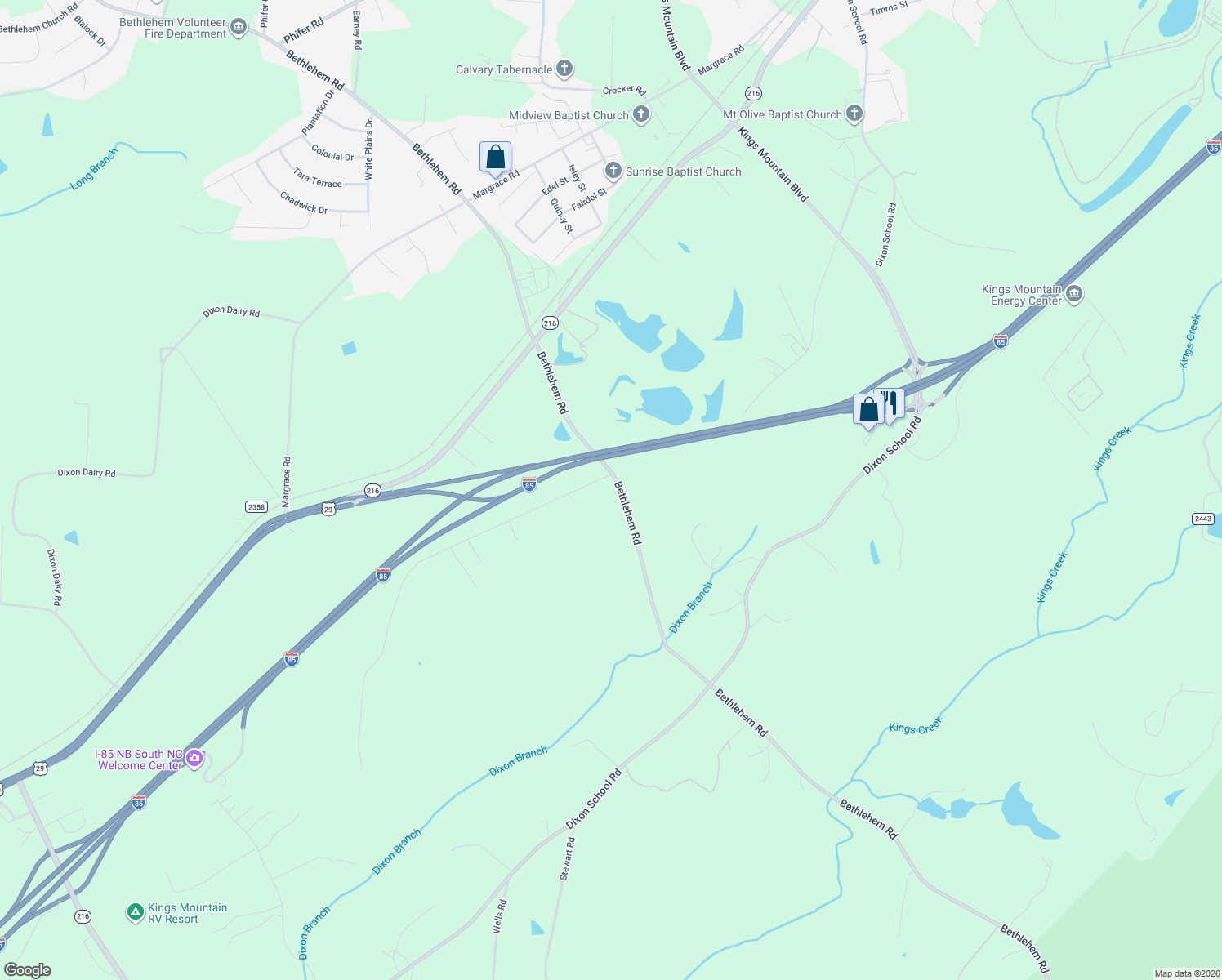 map of restaurants, bars, coffee shops, grocery stores, and more near 1710 Bethlehem Road in Kings Mountain