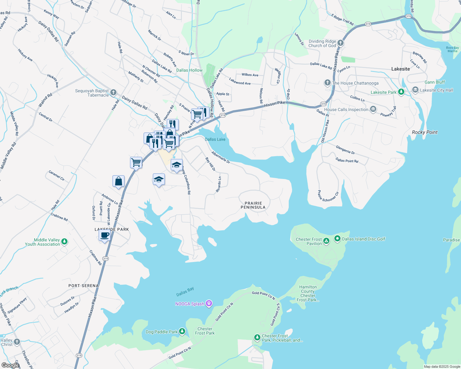 map of restaurants, bars, coffee shops, grocery stores, and more near 1939 Bay Hill Drive in Middle Valley