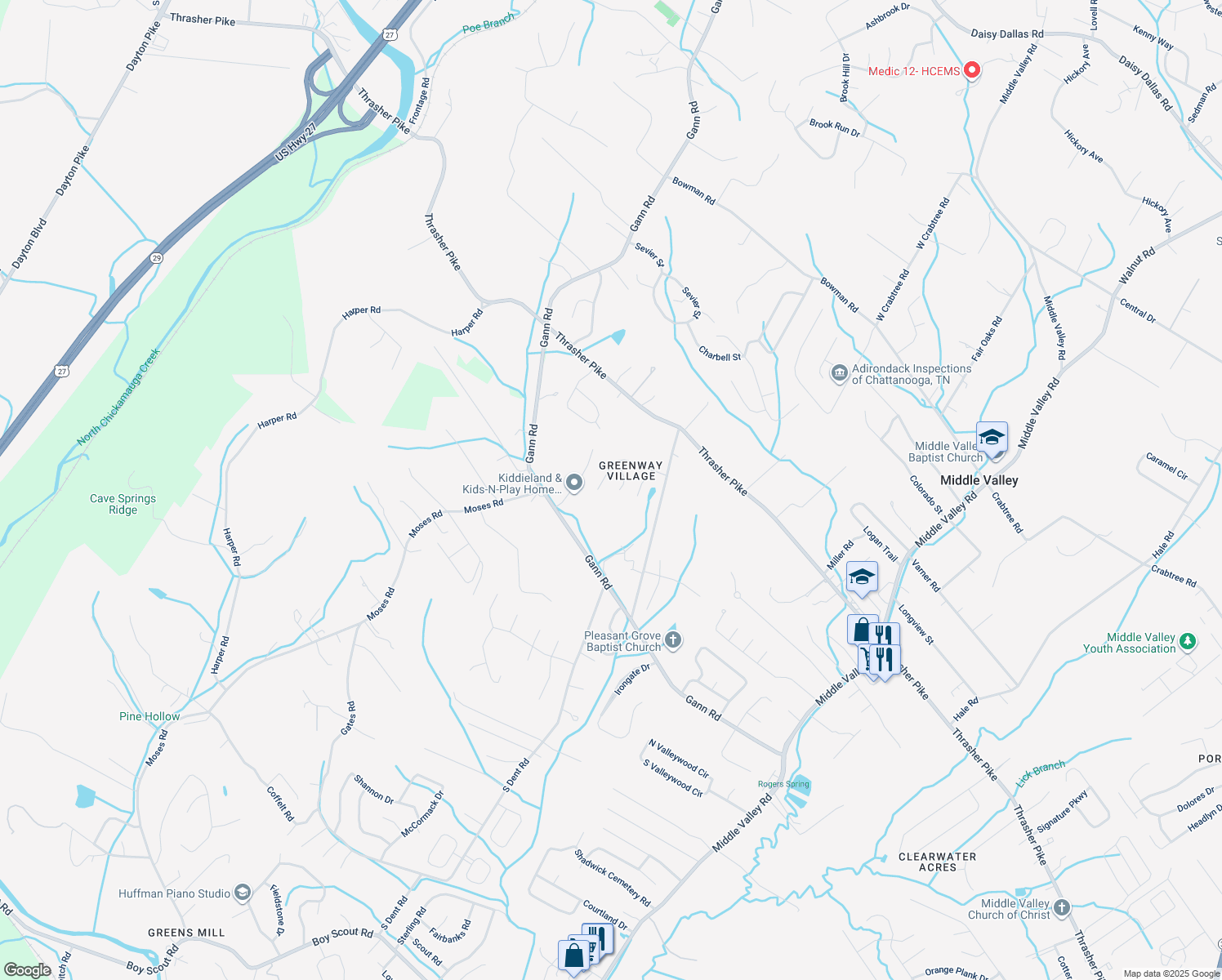 map of restaurants, bars, coffee shops, grocery stores, and more near 7703 West Village Lane in Middle Valley
