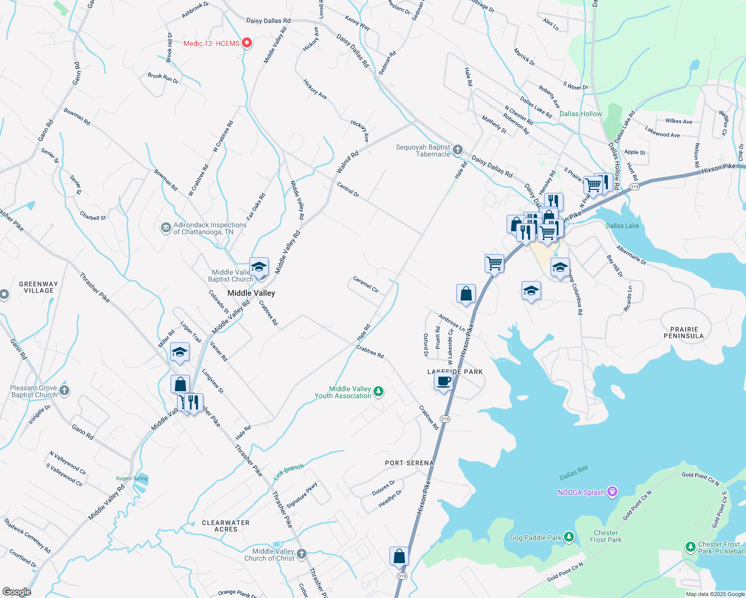 map of restaurants, bars, coffee shops, grocery stores, and more near 1407 Caramel Circle in Middle Valley
