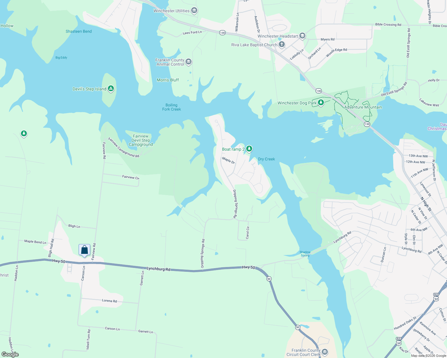 map of restaurants, bars, coffee shops, grocery stores, and more near 1041 Dripping Springs Road in Winchester