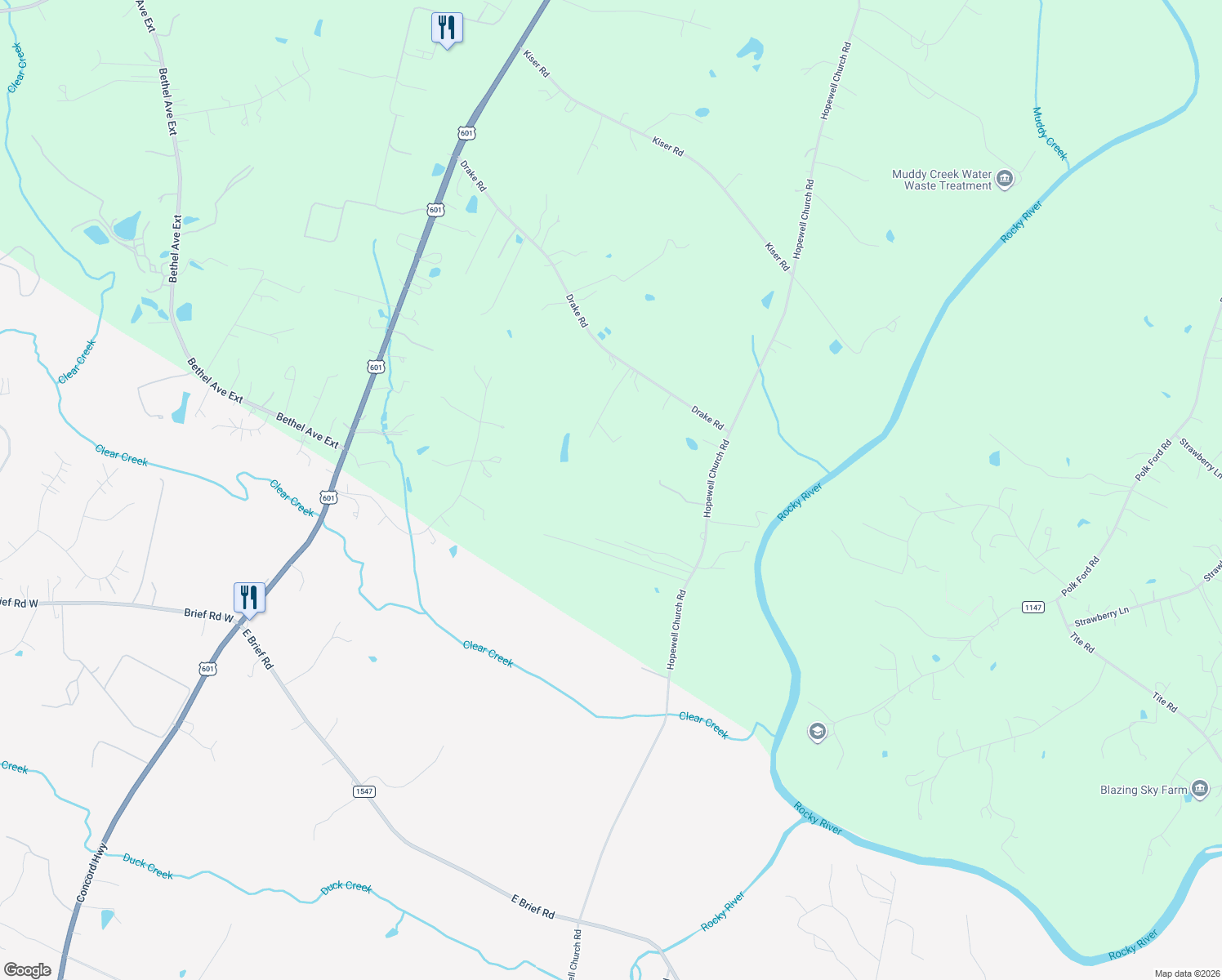 map of restaurants, bars, coffee shops, grocery stores, and more near 16160 Hopewell Church Road in Midland