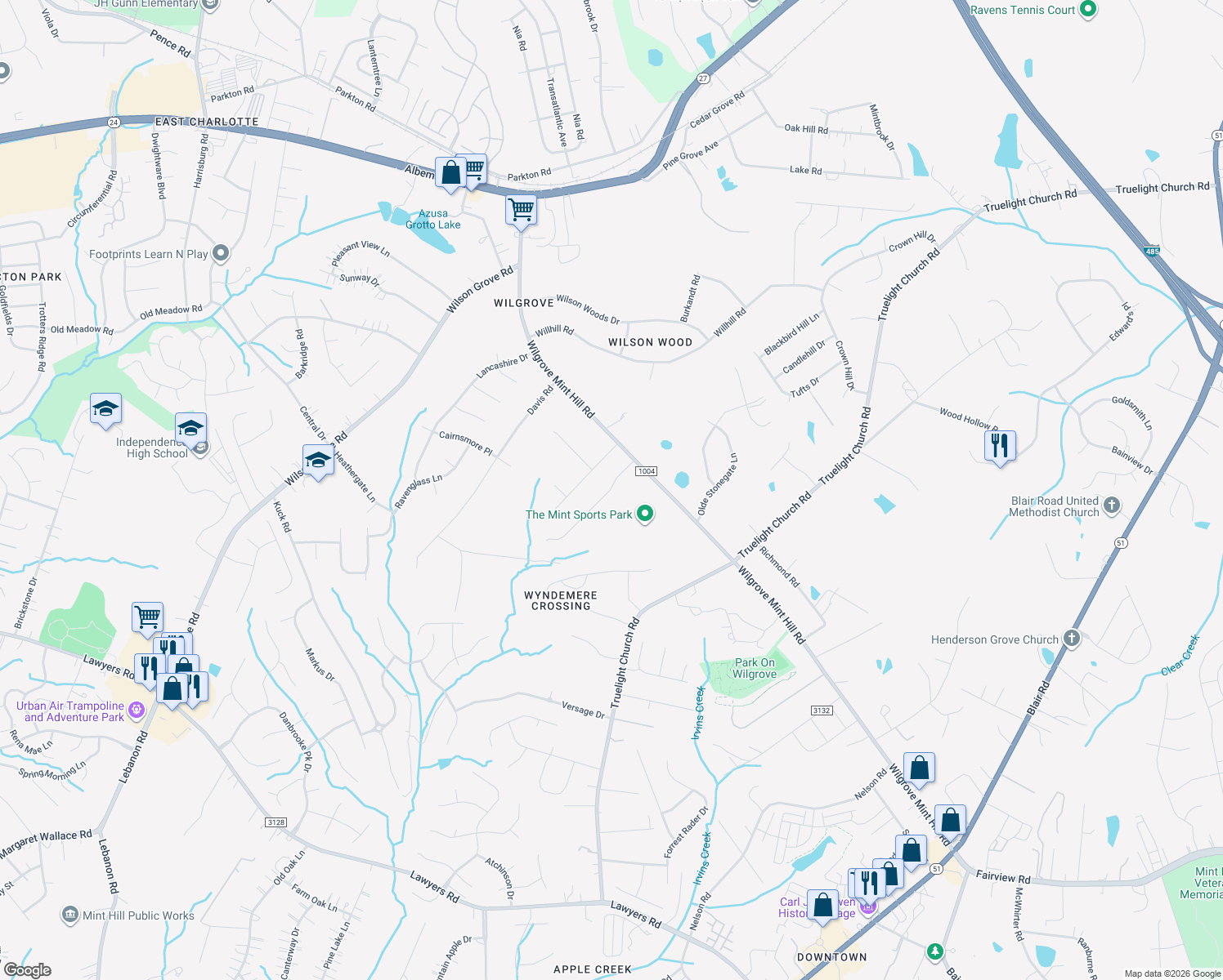 map of restaurants, bars, coffee shops, grocery stores, and more near 7834 Orrview Drive in Charlotte